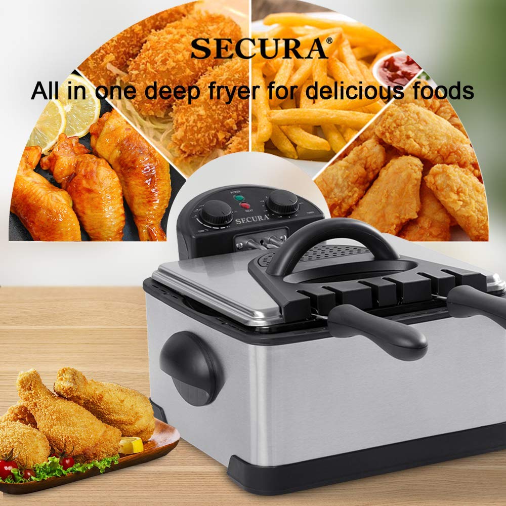 Secura 1700-Watt Stainless Steel Electric Deep Fryer with Timer - 4L/17-Cup Capacity, Triple Basket, Free Odor Filter - Perfect for Home Kitchen, Restaurants & Party Cooking (Silver)