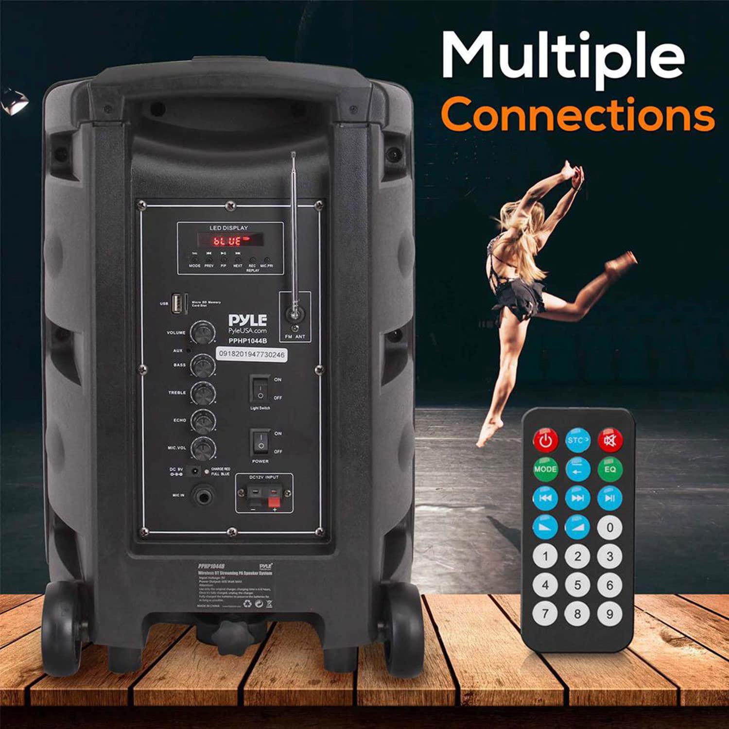 Pyle PPHP1044B 600W Portable Bluetooth PA Speaker System with Rechargeable Battery, Party Lights, MP3/USB/SD Card Reader & Wheels - Perfect for Outdoor Parties, Events & DJ Performances