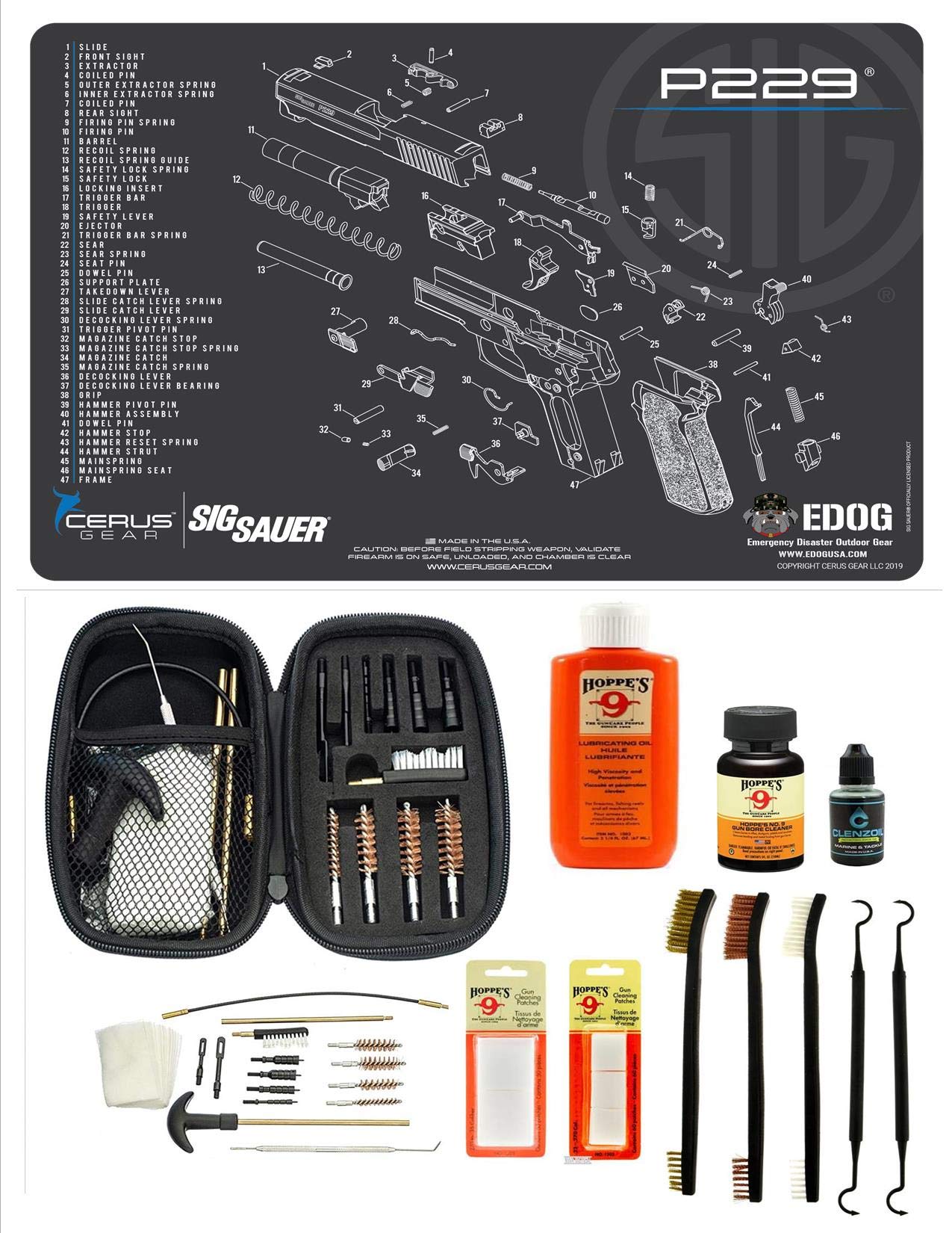 EDOG Range Warrior 27-Piece Gun Cleaning Kit - Compatible with Sig Sauer P229, Universal for .22 to .45 Caliber Pistols | Includes Schematic Mat & Tactical Accessories | Perfect for Range Maintenance & Firearm Care