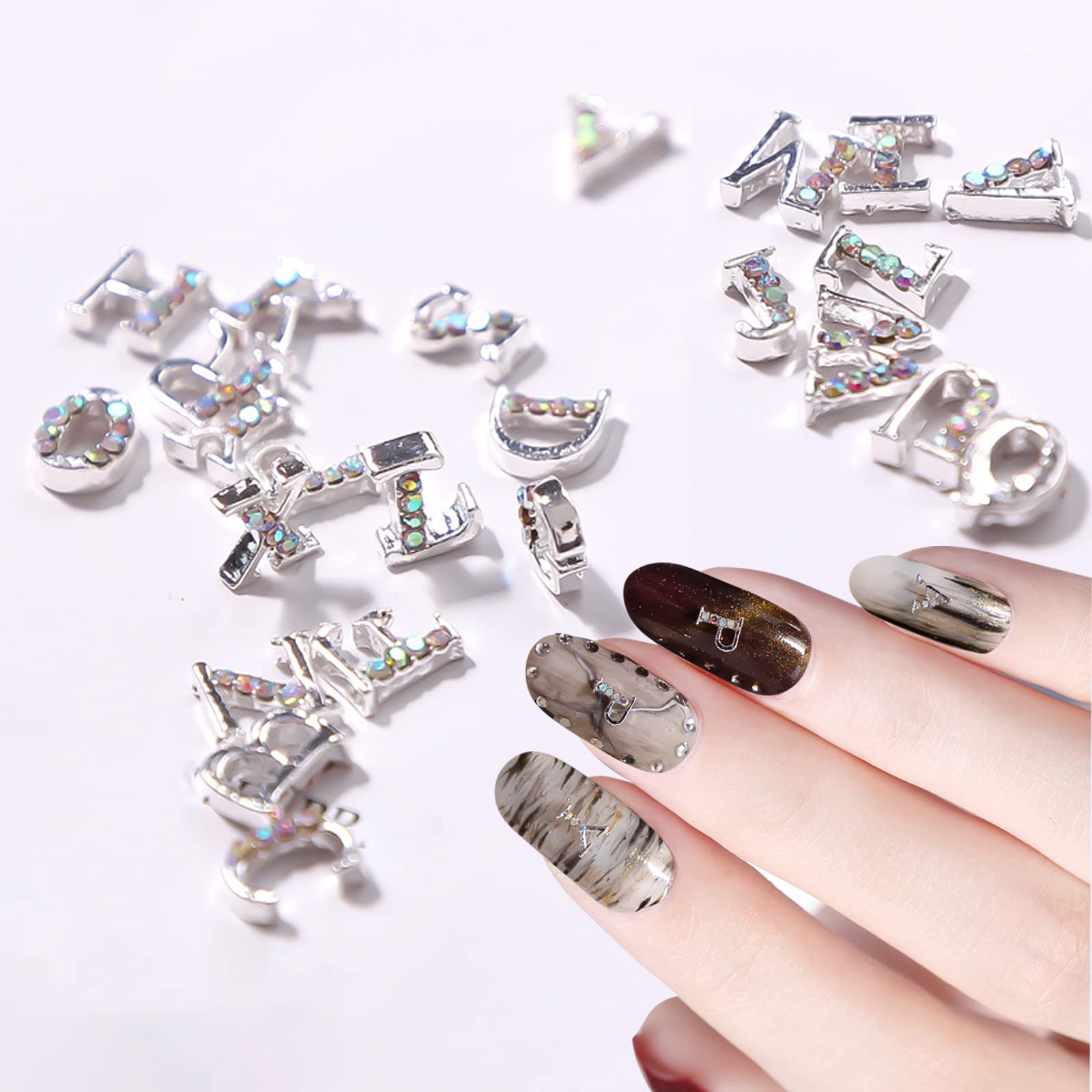 52Pcs Silver Alphabet Nail Charms Rhinestones - 3D Alloy Letter Nail Studs for DIY Nail Art | HOINCO Nail Gems for Professional & Home Manicure, Perfect for Parties, Weddings, and Special Occasions