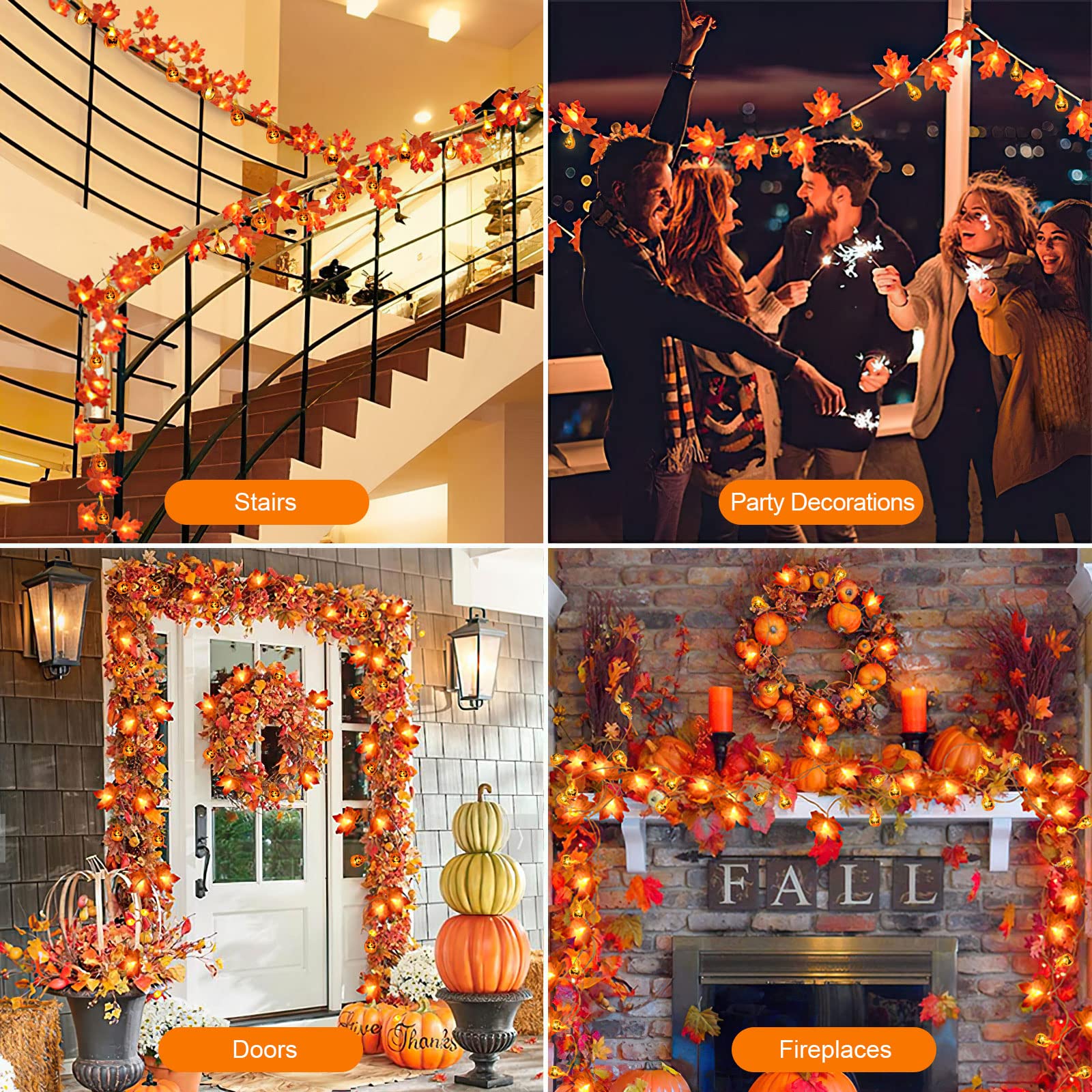 20LED Halloween String Lights - 10Ft Battery Operated Pumpkin & Maple Leaf LED Garland for Fall, Thanksgiving Decor | Indoor/Outdoor Party, Porch, Yard, Window, Mantle Decorations