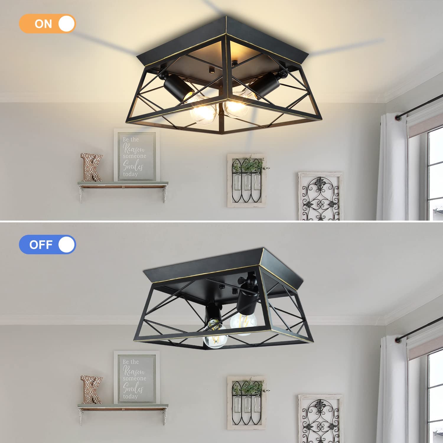 Farmhouse Flush Mount Ceiling Light Fixture - 2-Light Industrial Square Semi-Flush Mount Lamp with E26 Base for Bedroom, Kitchen, Hallway, Porch & Living Room - Rustic Home Decor Lighting for Cozy Ambiance