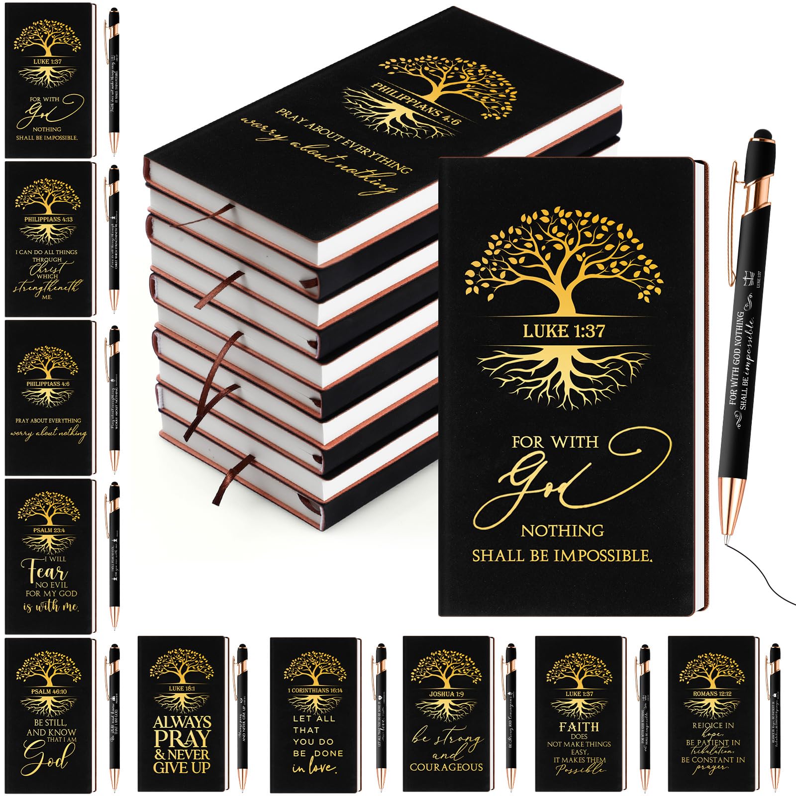 40 Pack Christian Gifts for Women - Bulk Religious Notebooks & Tree of Life Bible Verse Notepads with Motivational Pens, Leather Prayer Journal - Perfect for Pastor's Wife Appreciation, Church Events, Bible Study & Mother's Day Gifts (Black)