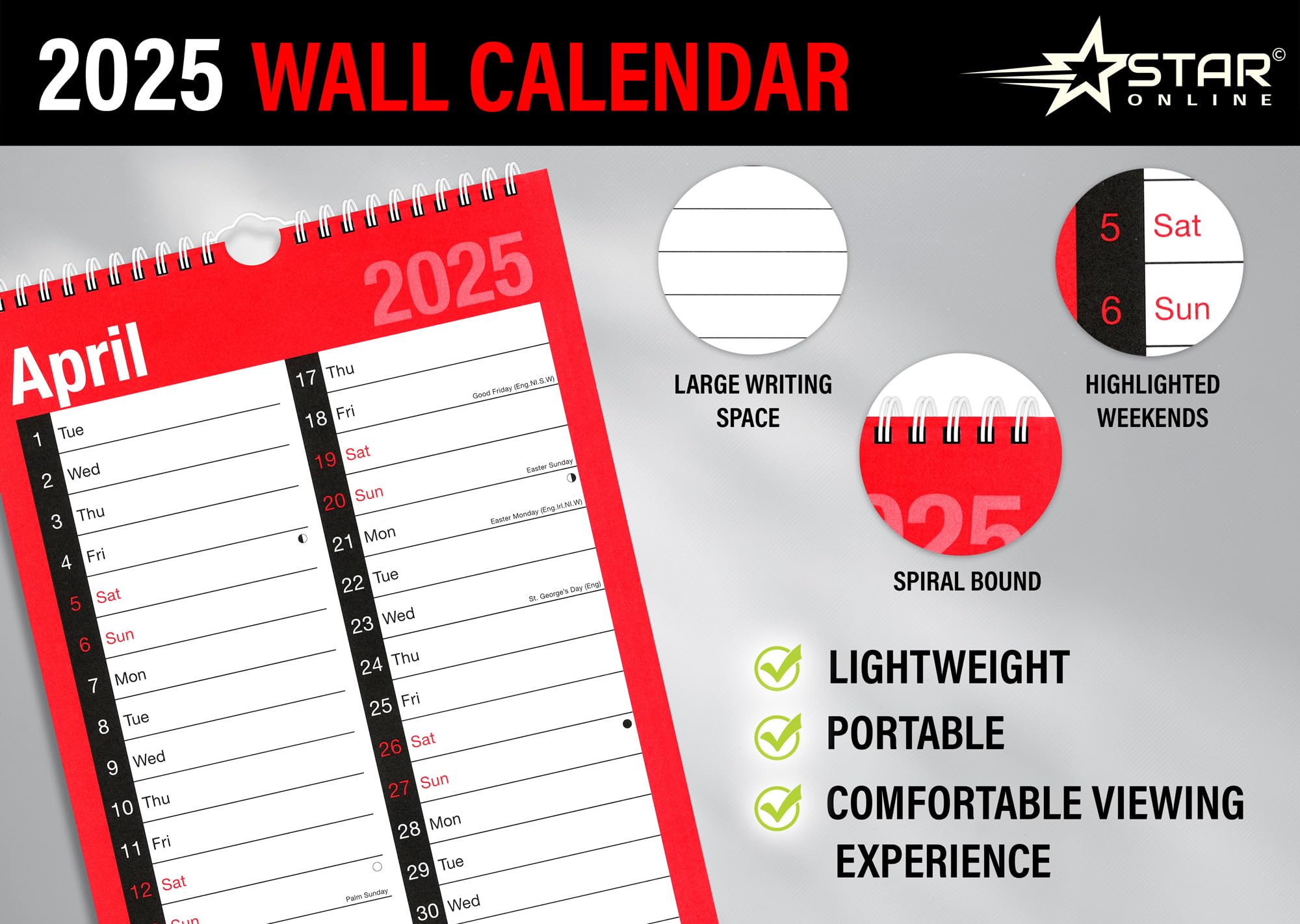 2025 Spiral Bound Wall Calendar Planner - Large A4 Size, 2-Column Monthly View, 120 GSM Thick Paper - Perfect for Home, Office & School Organization