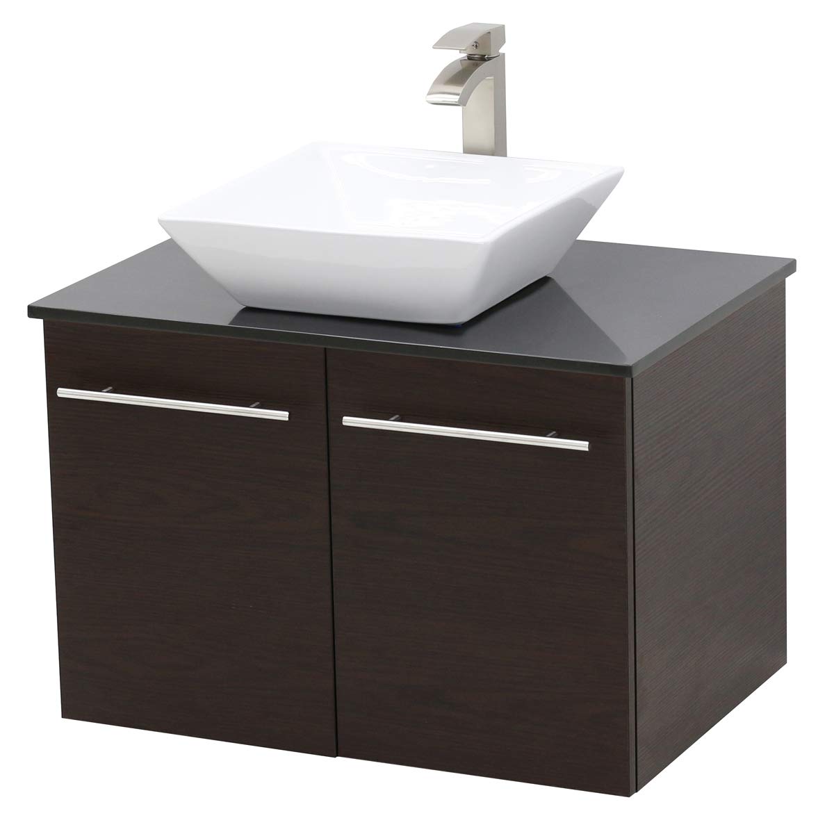 Dark Brown Wall Mount Floating Vanity with Black Stone Top & Sink - 36