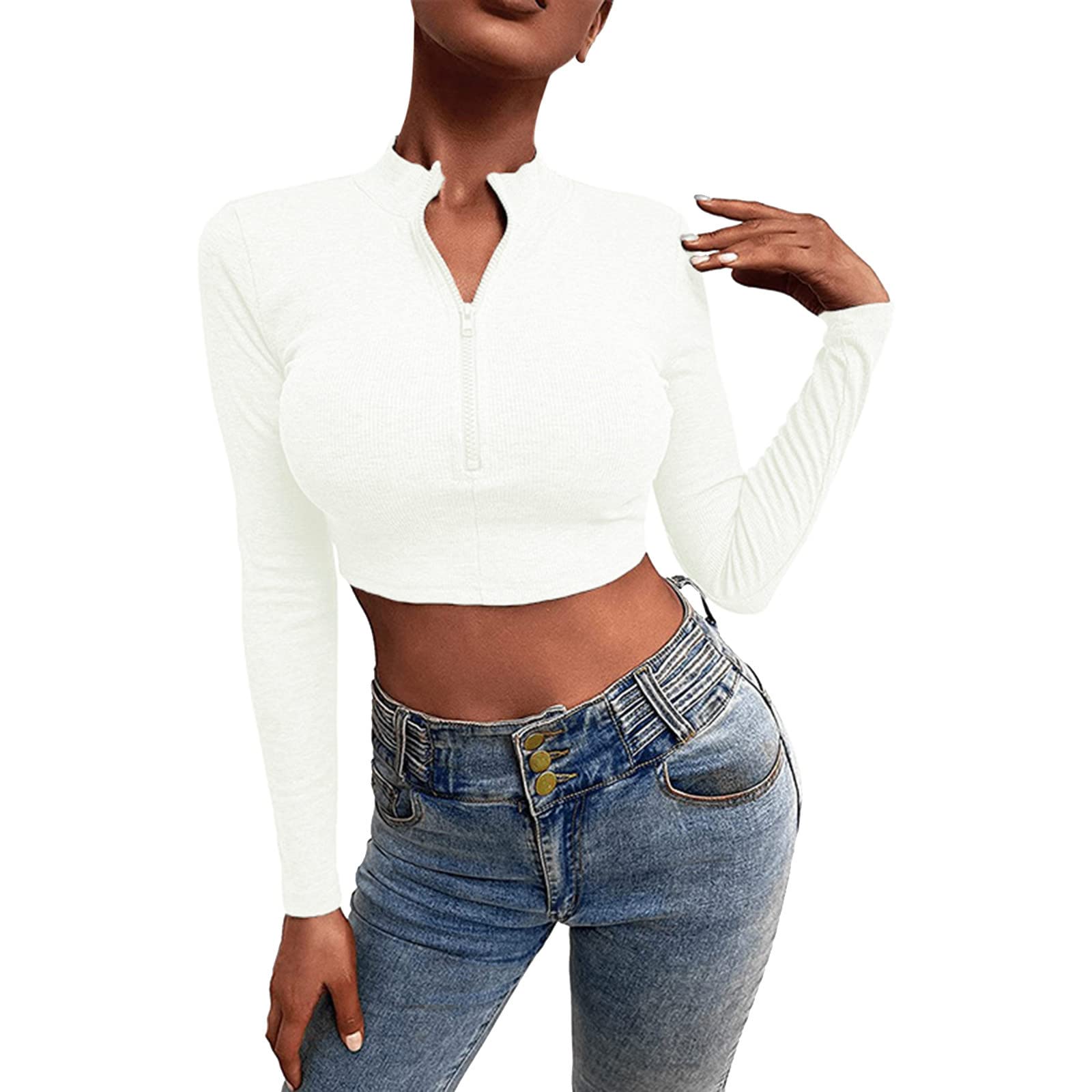 Women's White Long Sleeve Spandex Knit Ribbed Crop Top with Ruched Front & Zipper Stand Collar - Perfect for Casual Outings, Layering, and Night Out Fashion