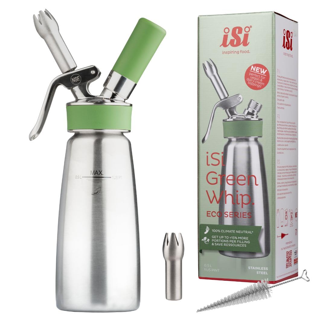 iSi North America Eco Series Green Whipped Cream Dispenser - 1 Pint Stainless Steel for Whipped Cream, Foams & Vegan Toppings | Perfect for Coffee Shops, Desserts & Home Baking