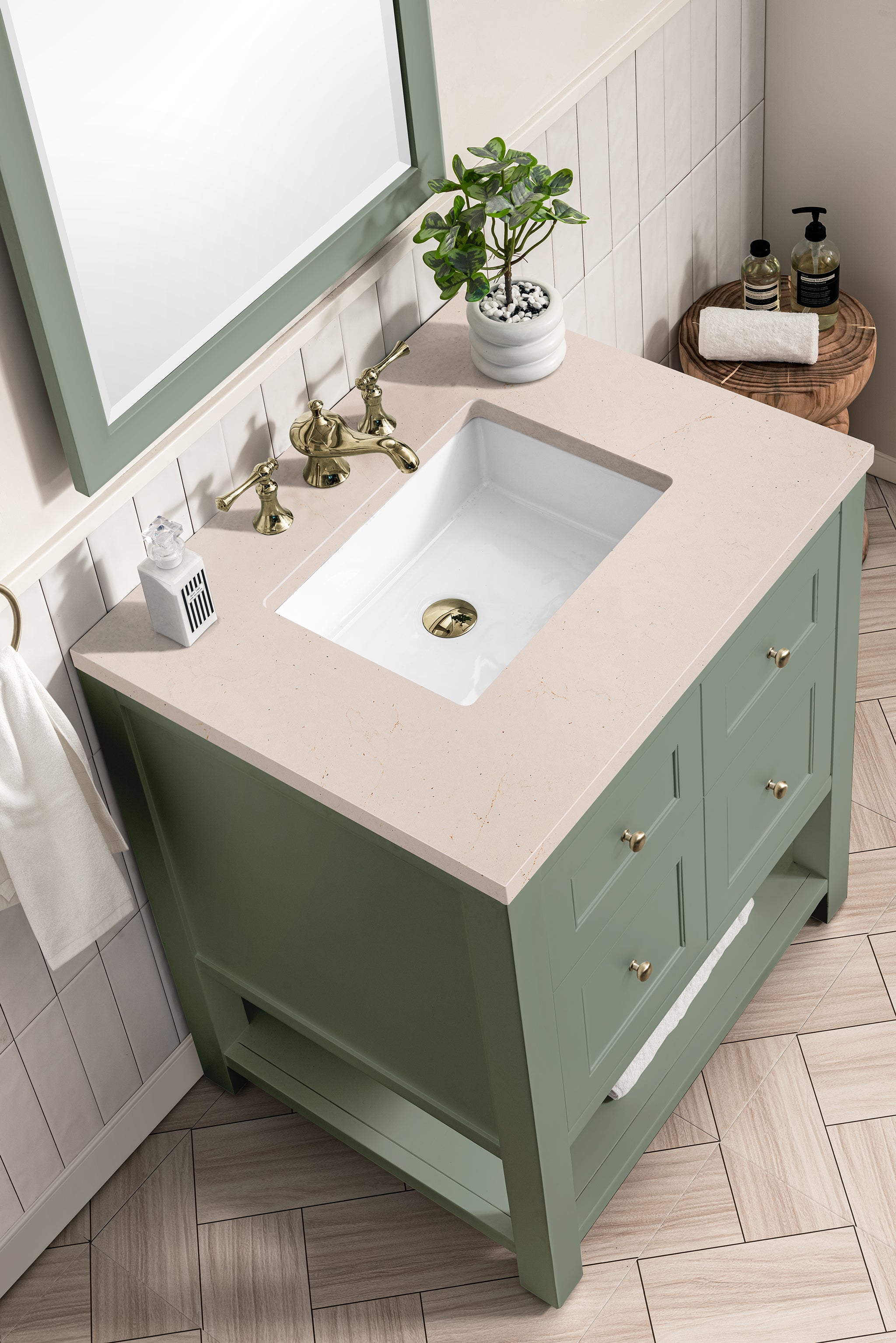 Breckenridge 30 Inch Single Bathroom Vanity with Smokey Celadon Finish & 3CM Eternal Marfil Stone Top - Perfect for Modern Master Bathrooms and Powder Rooms