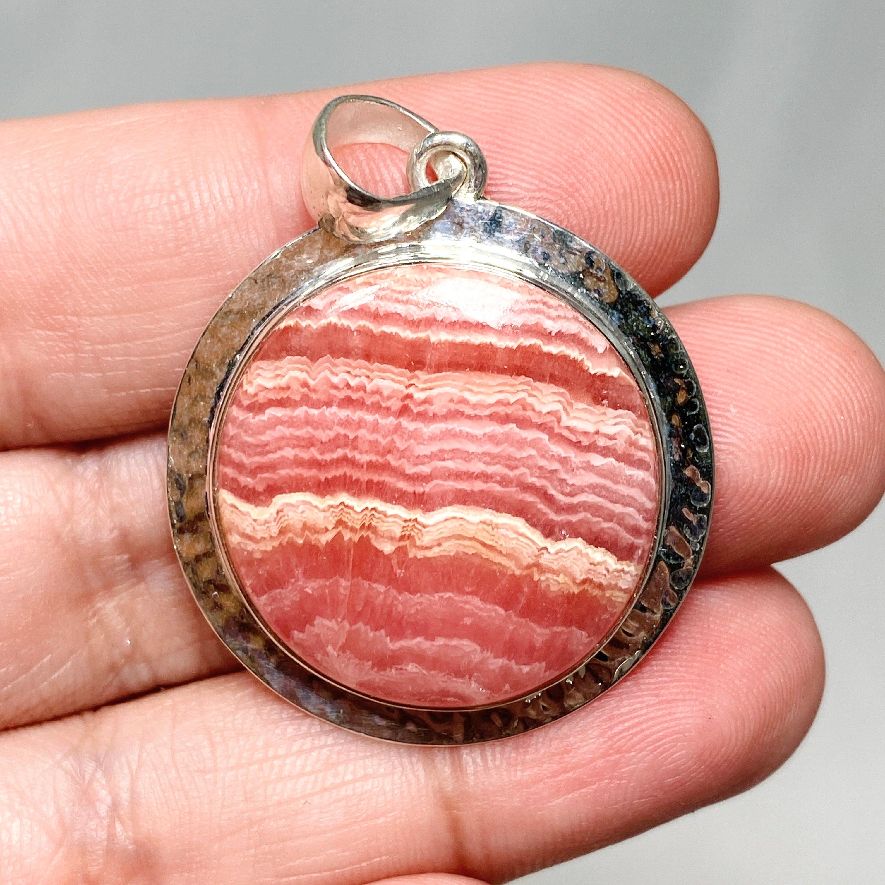 Rhodochrosite Round Pendant Necklace - Hammered Sterling Silver Setting KPGJ4321 | Healing Crystal Jewelry for Meditation & Energy Balancing