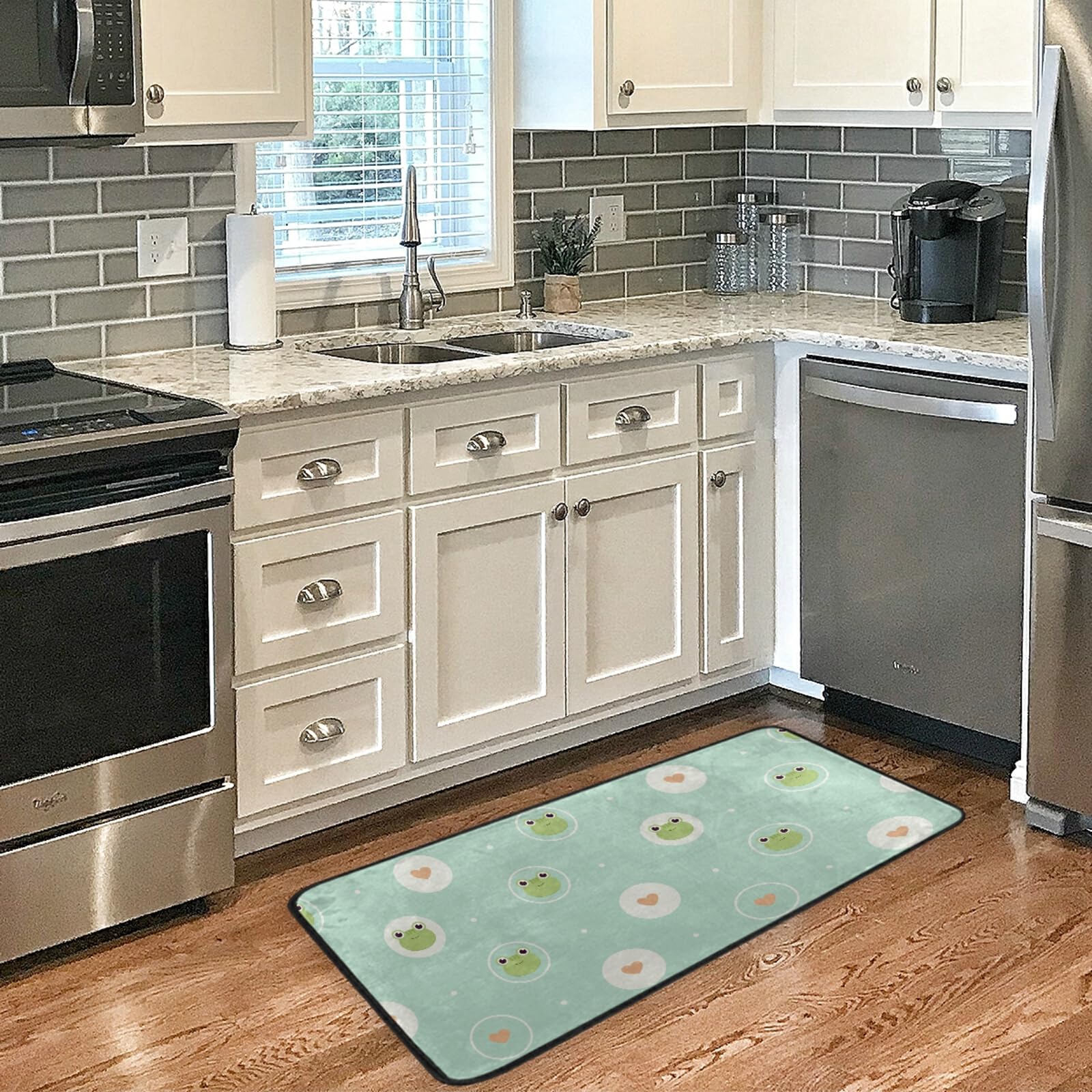 Non-Slip Washable Kitchen Rugs - Cute Frog Design Absorbent Floor Mats for Sink Area, Farmhouse & Bathroom - 39x20 Inch Green Cushioned Runner - Perfect for Home, Kitchen, and High-Traffic Areas