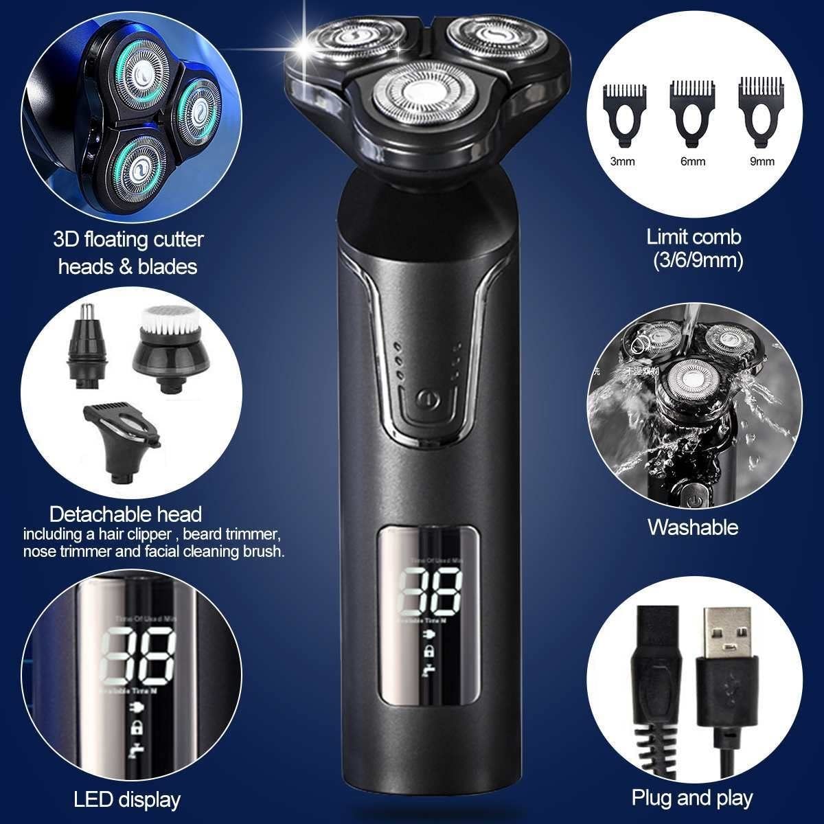 Premium Electric Razor for Men - 3D Rotary Shaver with Digital Display, 3 Blades, Interchangeable Heads & Waterproof Design - Full Body Grooming Kit for Face, Head & Body Shaving - Perfect for Travel, Home & Gym Use