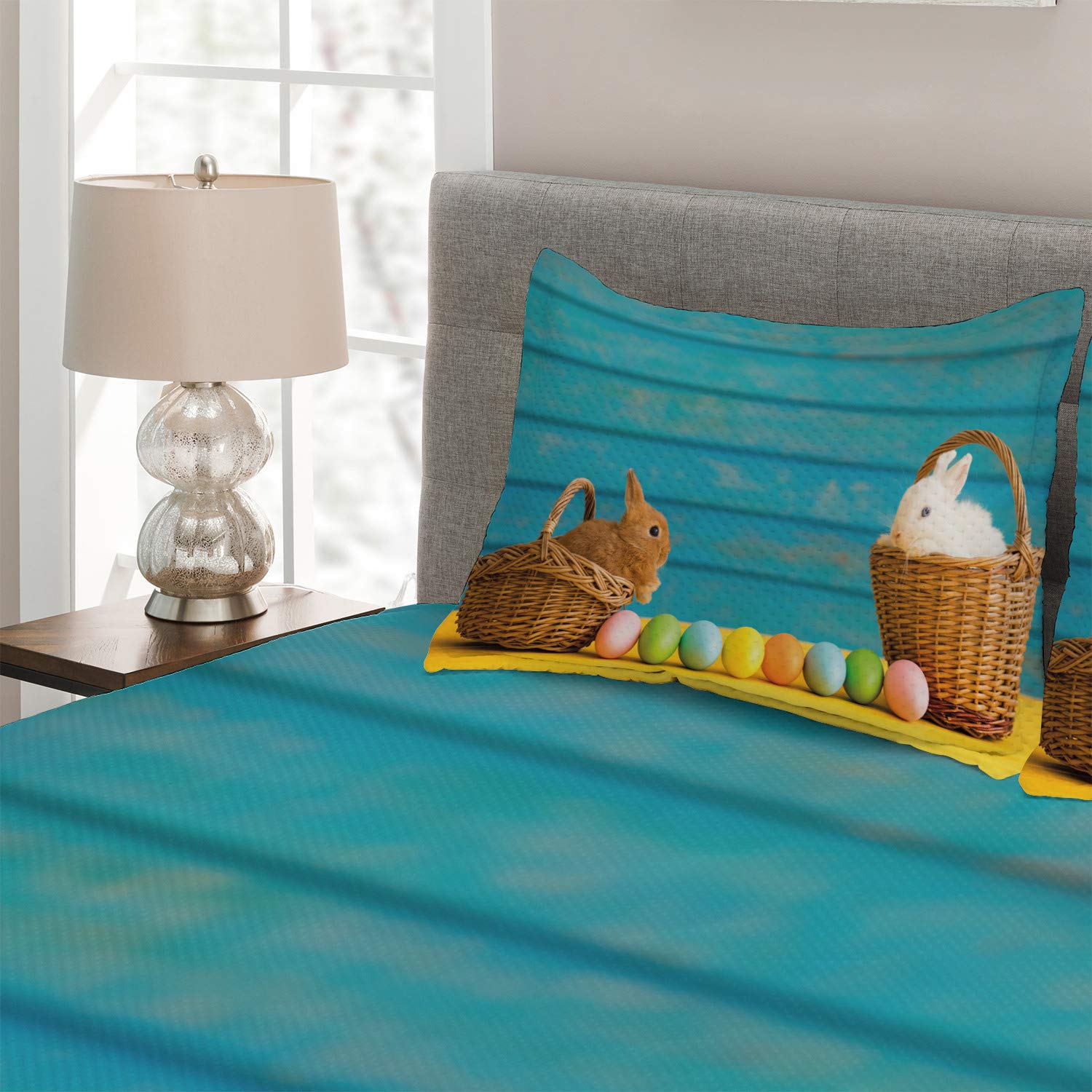Ambesonne Easter Bunny Quilt Set - King Size 3-Piece Bedspread with 2 Pillow Shams, Pastel Blue Woodland Design Featuring Rabbits & Dyed Eggs | Spring Home Decor, Easter Bedding, Holiday Guest Room Makeover