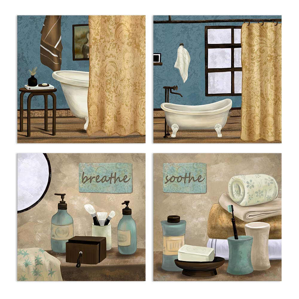 AMEMNY 4-Panel Teal Blue Still Life Bathroom Wall Art Set - Wood Framed Canvas Prints for Bathroom Decor, Ready to Hang - Perfect for Restrooms, Powder Rooms & Spa-Like Bathroom Designs