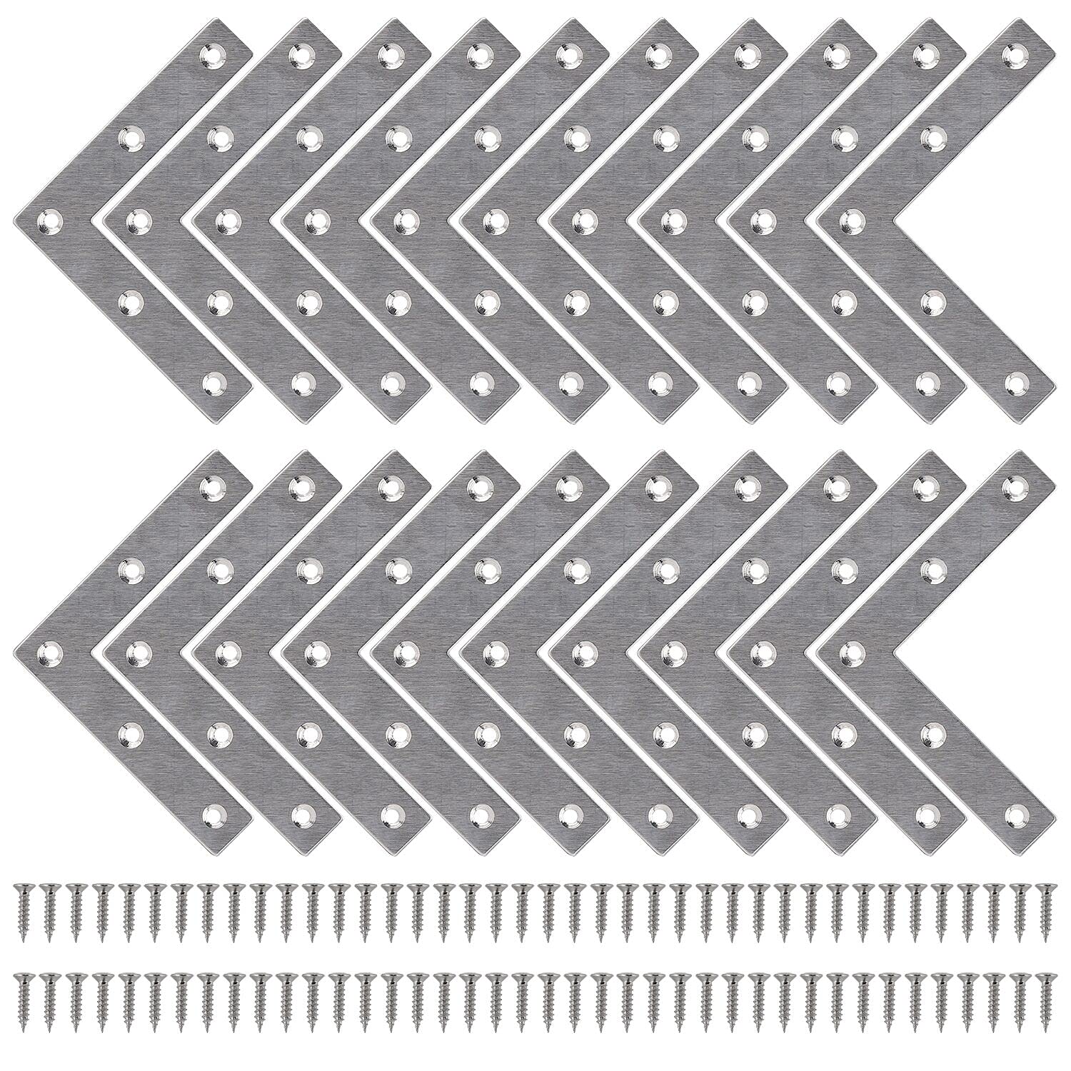 Stainless Steel L-Shaped Corner Bracket 80x80mm (20 Pack) - Heavy Duty Flat Plate Shelf Angle Brace with Screws for Furniture, Chairs, Windows - Perfect for DIY Home Improvement & Woodworking Projects