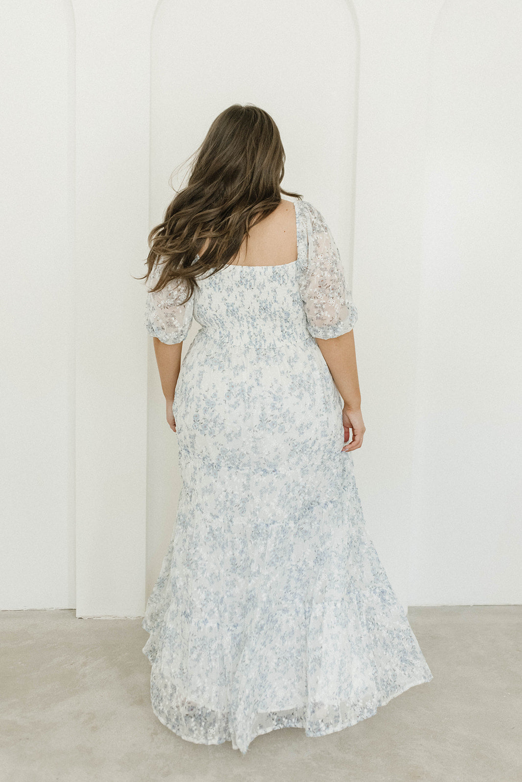 Blue and White Floral Daphne High Slit Eyelet Detail Maxi Dress - Plus Size & Inclusive Sizing - Perfect for Summer Weddings, Beach Vacations & Date Nights