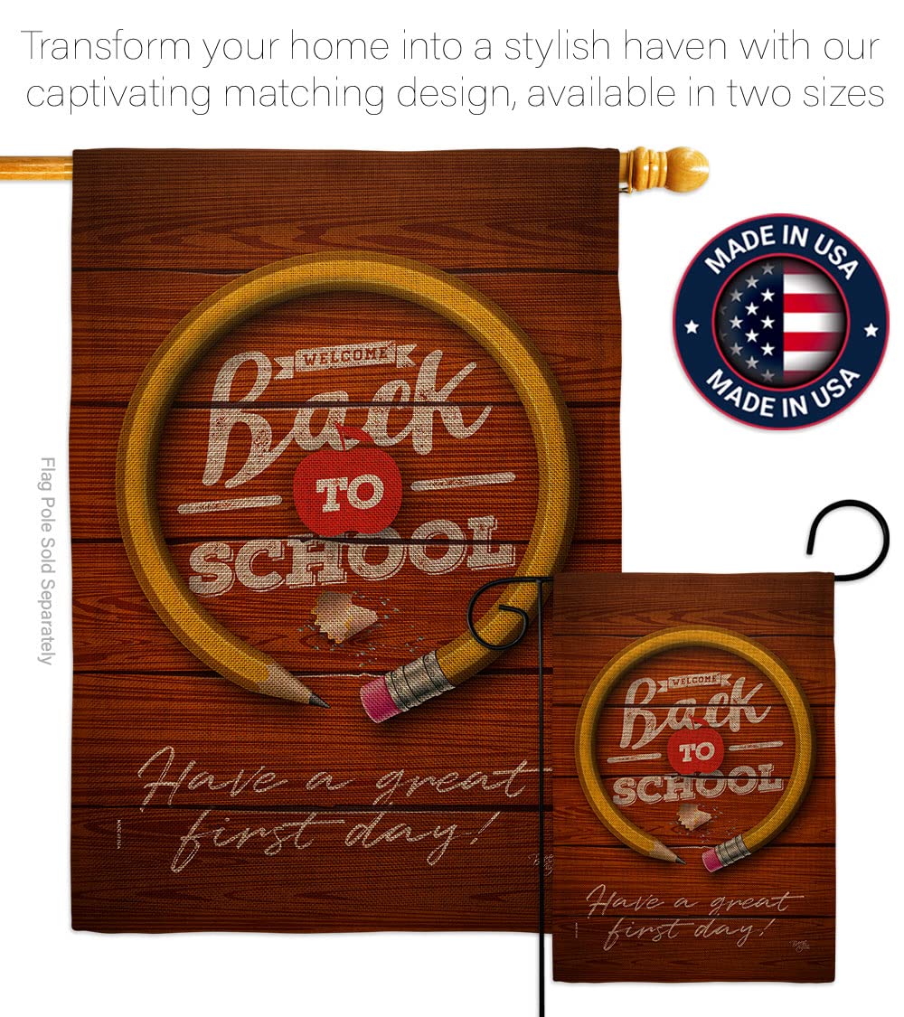 Breeze Decor First Day of School Burlap House Flag - Double-Sided Back to School Banner for Teachers & Students - Made in USA - Perfect for Classroom Decor, Yard Signs, and Teacher Appreciation Gifts
