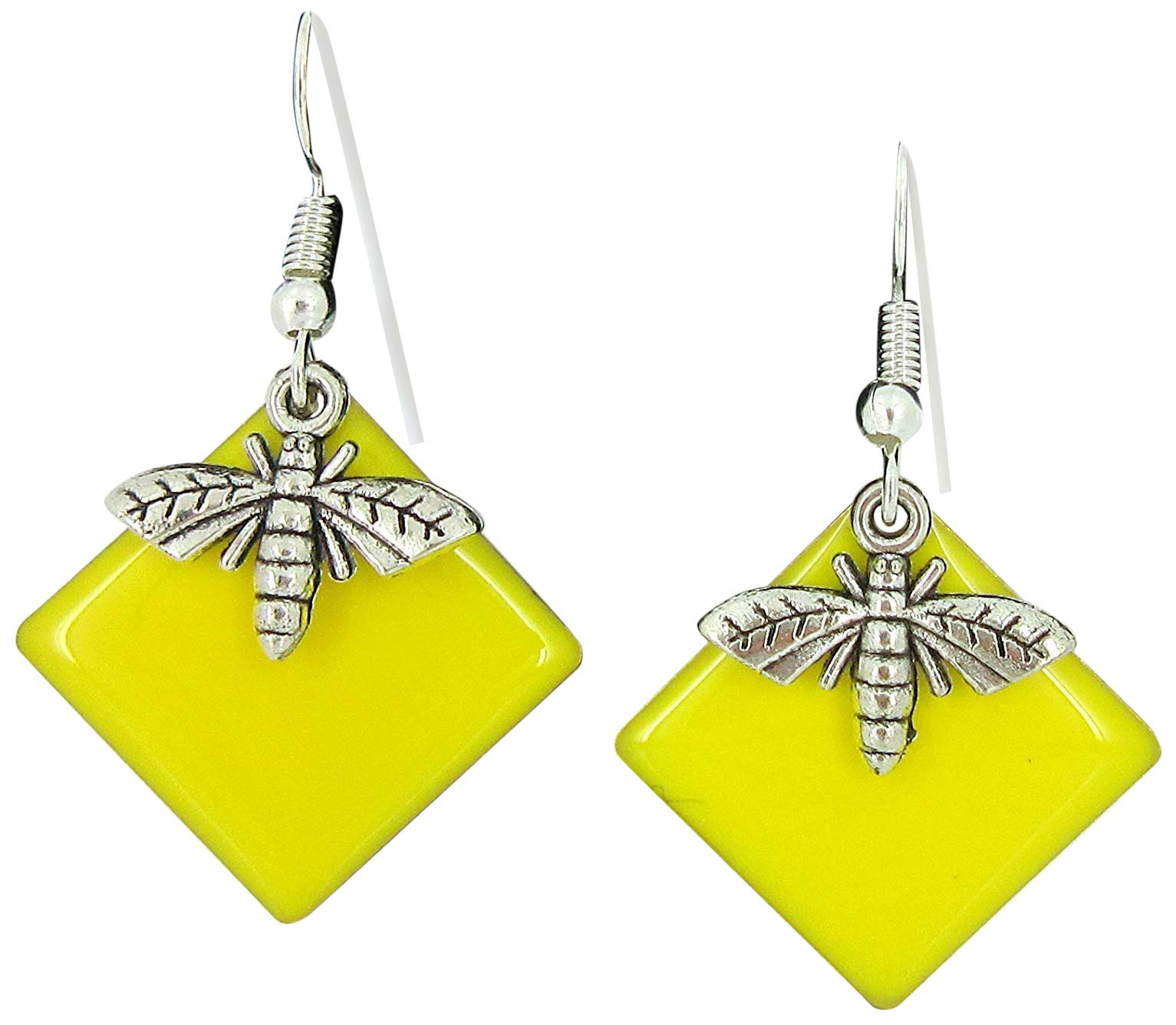 Sterling Silver Yellow Enamel Bee Charm Dangle Earrings for Women - Handmade Bohemian Jewelry for Summer Outfits & Beach Vacations