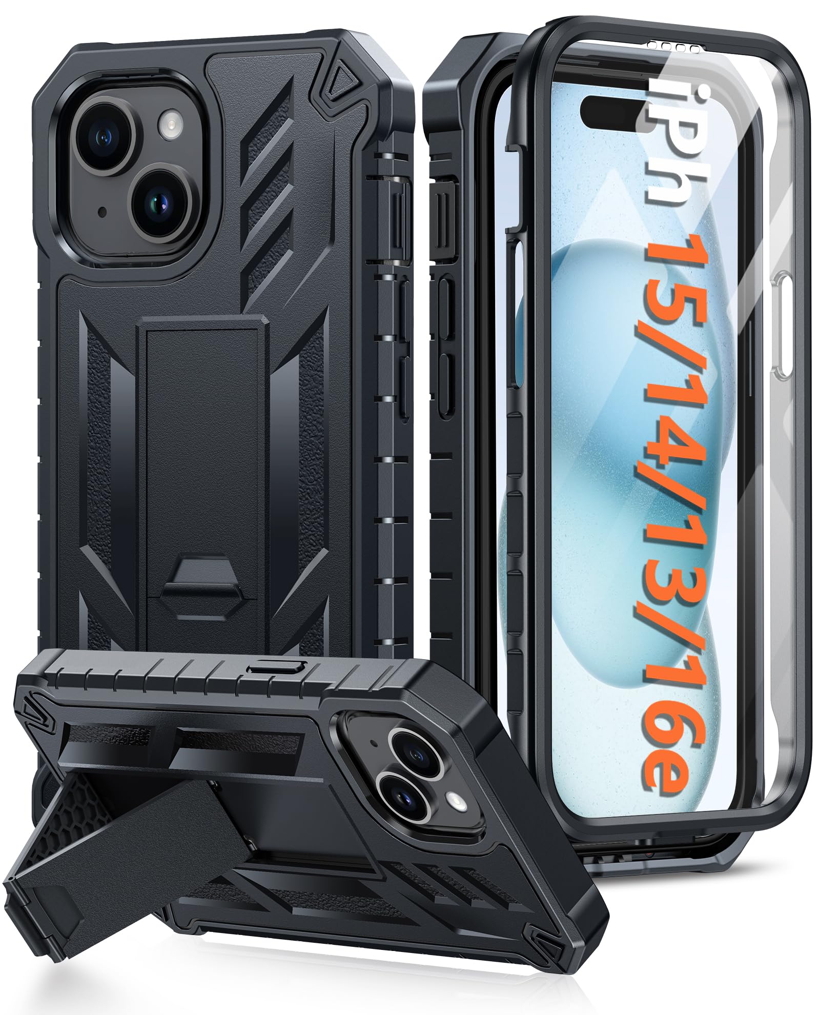 FNTCASE Military Grade Shockproof iPhone 15 Case (6.1 Inch) - Dual Layer Rugged Protective Cover with Kickstand, Matte Textured Drop Proof Design - Perfect for Outdoor Adventures, Construction Work & Active Lifestyles (Black)