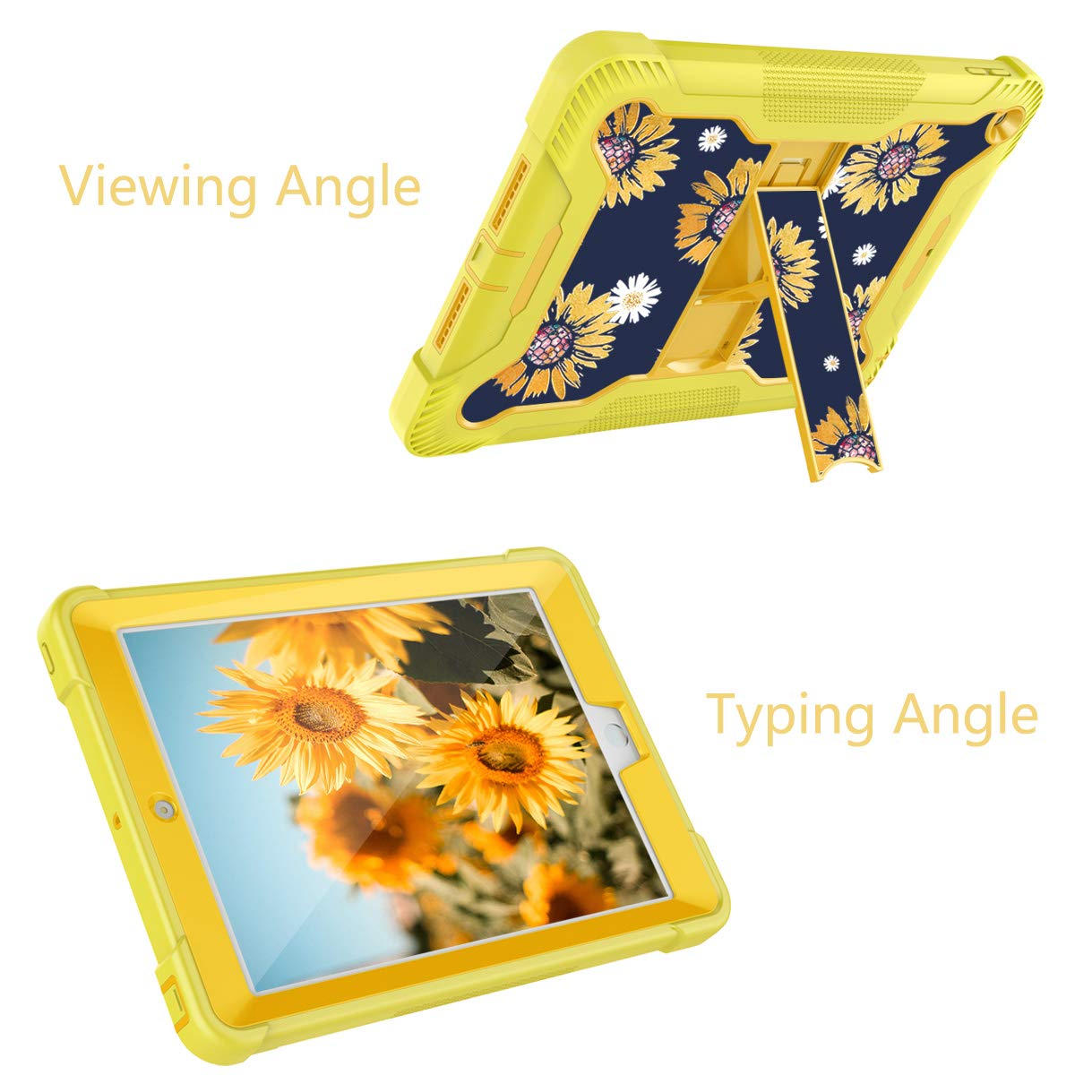 Shockproof iPad 5th/6th Gen Case (9.7 inch 2017/2018) - Sunflower Floral Design Heavy Duty Cover with Kickstand | Hard PC Back & Soft Silicone Bumper | Perfect for Work, Travel & Home Use (Yellow)