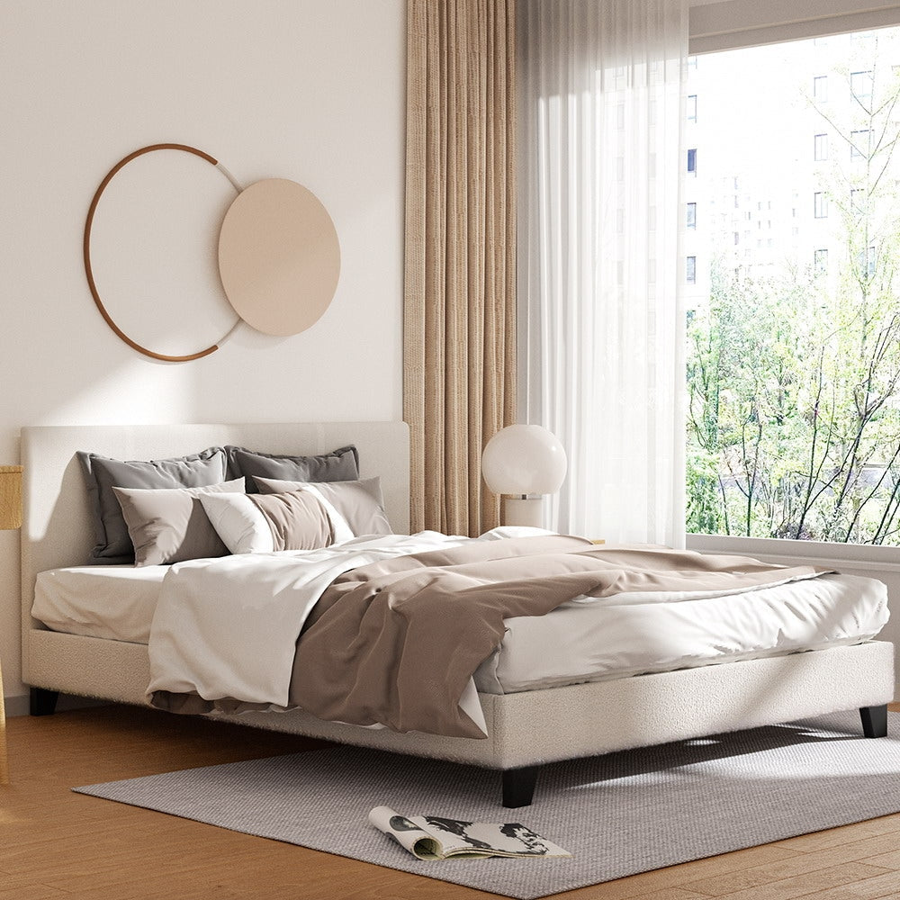 Queen Size Bed Frame with Boucle Fabric Upholstery - Solid Wood Platform Base for Mattress Support | Perfect for Modern Bedrooms, Guest Rooms & Apartments