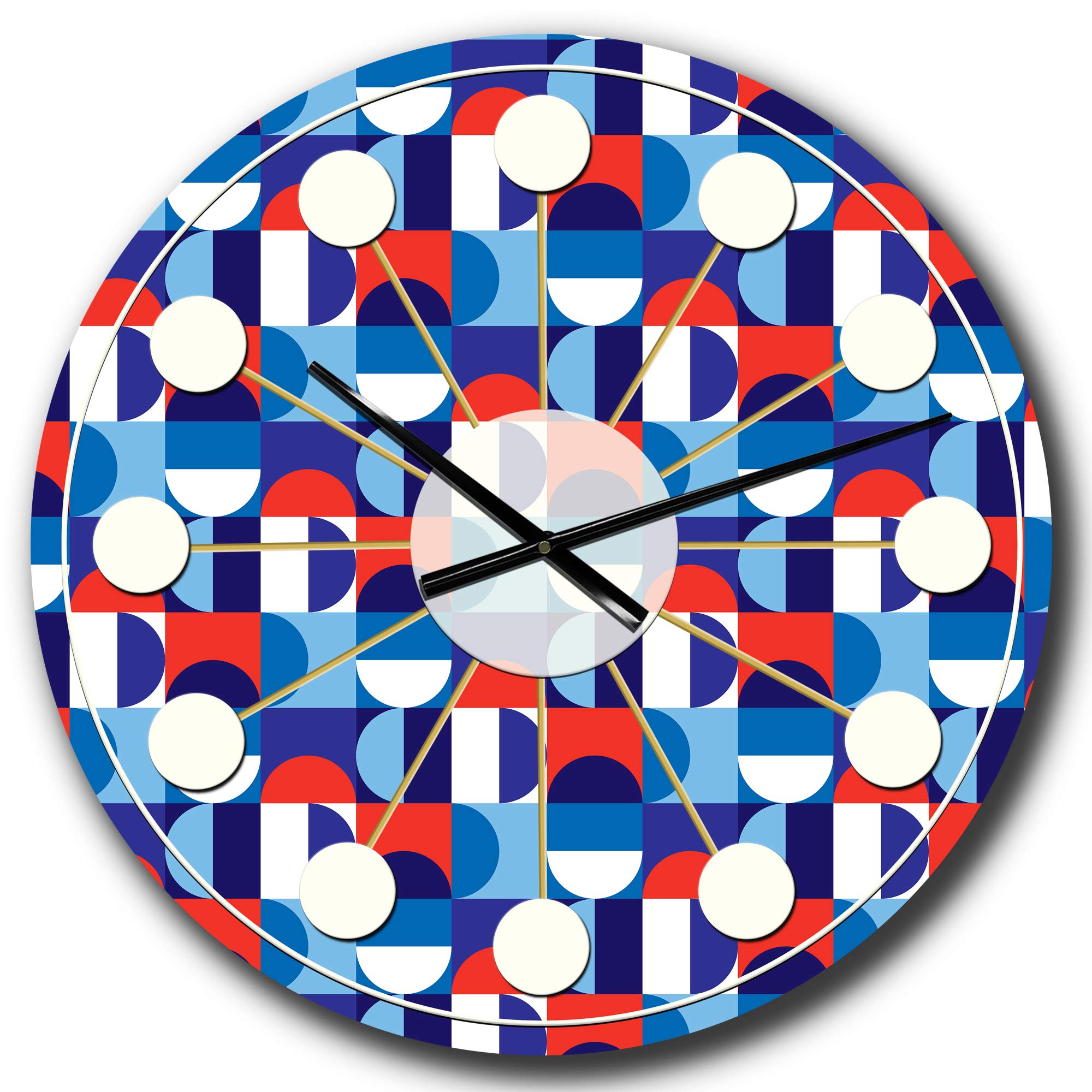 Designart Blue Red White Polka Dot Wall Clock - Mid-Century Modern Round Metal Wall Art for Home, Living Room, Bedroom & Office Decor | Stylish Decorative Clock for Vintage & Contemporary Interiors