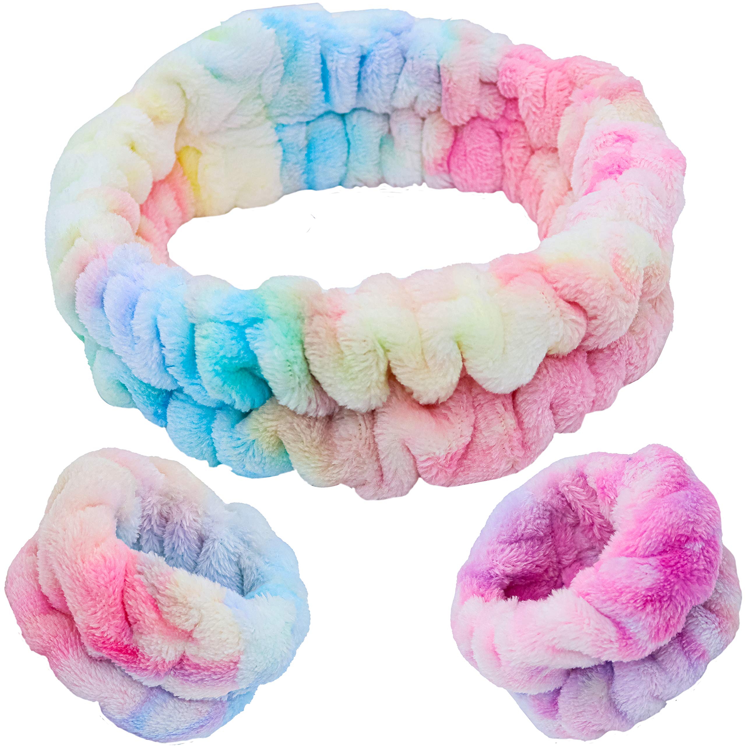 FROG SAC Tie Dye Spa Headband for Women & Teens - Soft Fuzzy Skincare Headband for Face Washing, Makeup, Shower - Matching Wristbands Set - Perfect for Sleepovers, Skincare Routine, Spa Day and Girls Party Supplies