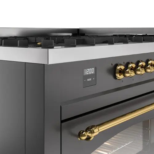 ILVE Nostalgie II 60 Inch Dual Fuel Natural Gas Range - Matte Graphite with Brass Trim (UP60FNMPMGG) | Professional Kitchen Appliance for Home Chefs & Culinary Enthusiasts
