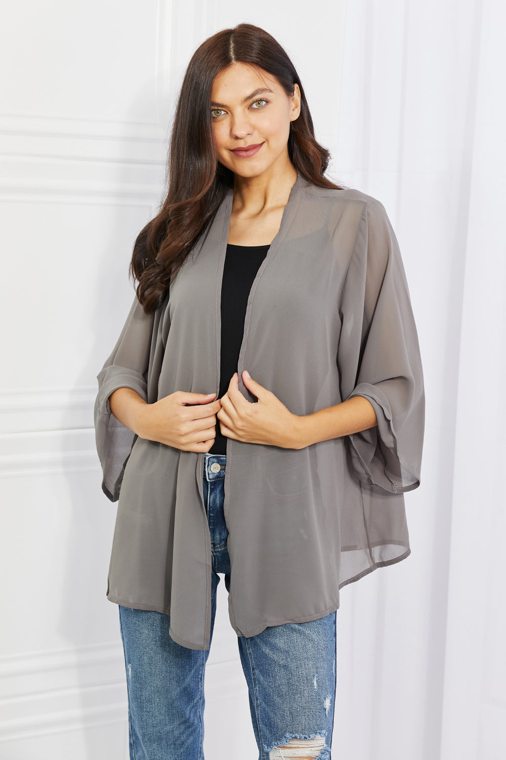 Melody Just Breathe Full Size Grey Chiffon Kimono Robe - Lightweight Cover Up for Beach, Bridal Party & Loungewear