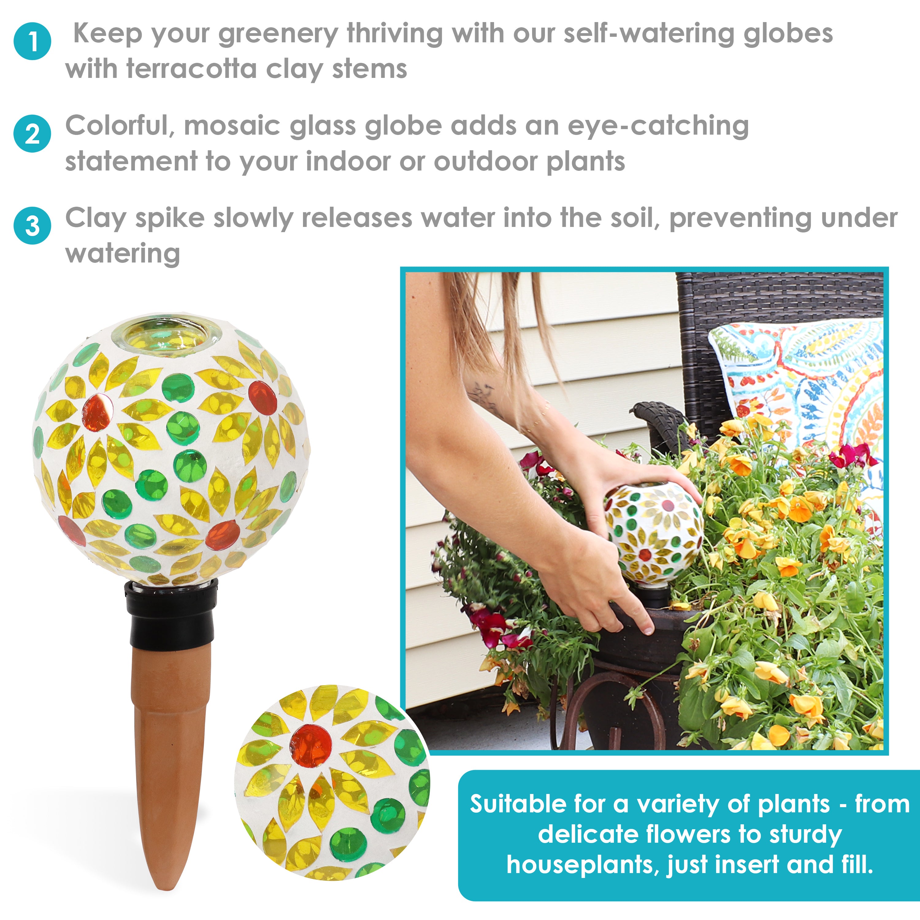 Sunnydaze Decorative Mosaic Glass Plant Watering Globe with Clay Spike - Self-Watering System for Indoor & Outdoor Potted Plants, Flowers, Herbs - Perfect for Vacation Care & Home Garden Decor