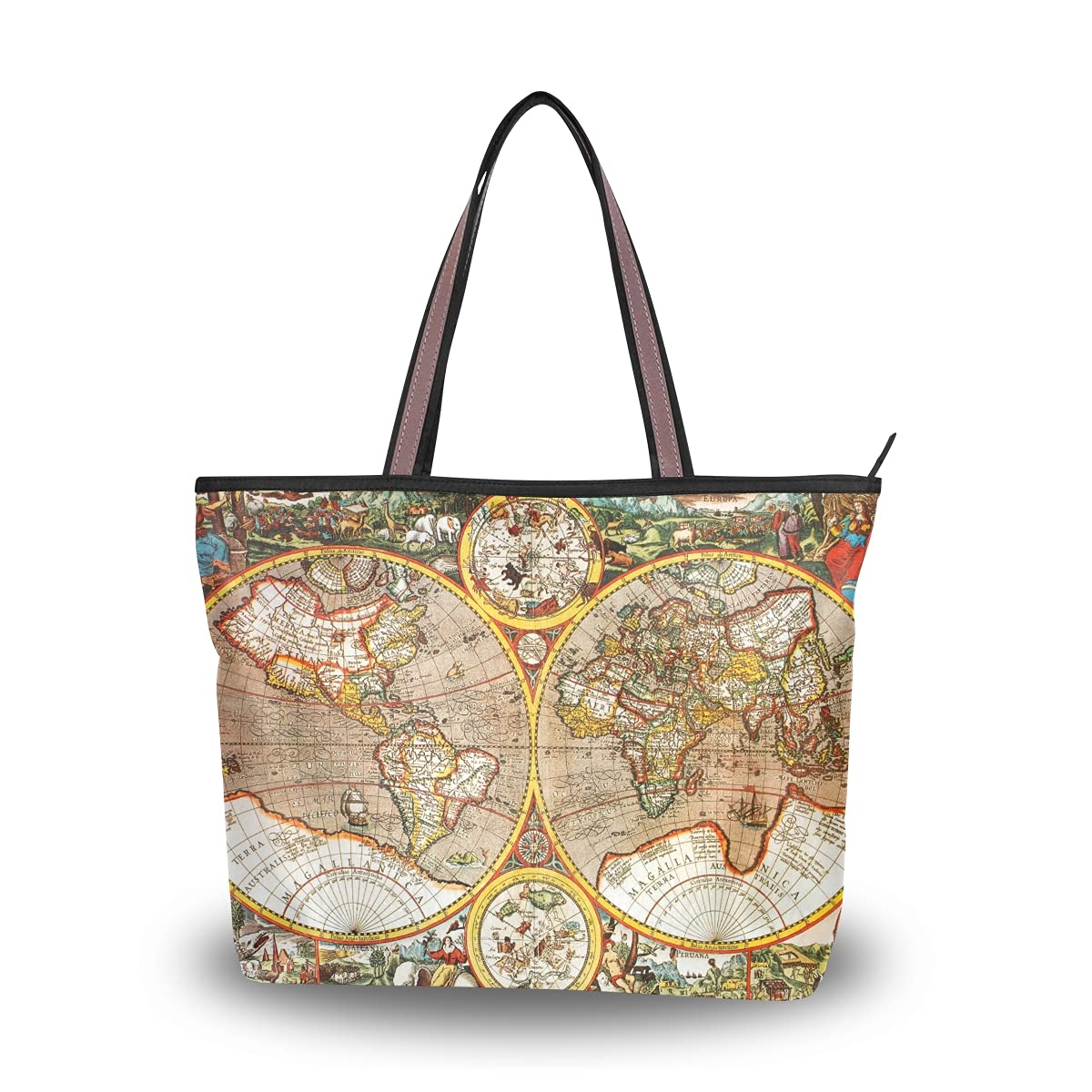 Vintage World Map Zipper Tote Bag for Women - Stylish Teacher Shoulder Bag for Work, Shopping & Travel | Durable & Fashionable Handbag for Everyday Use