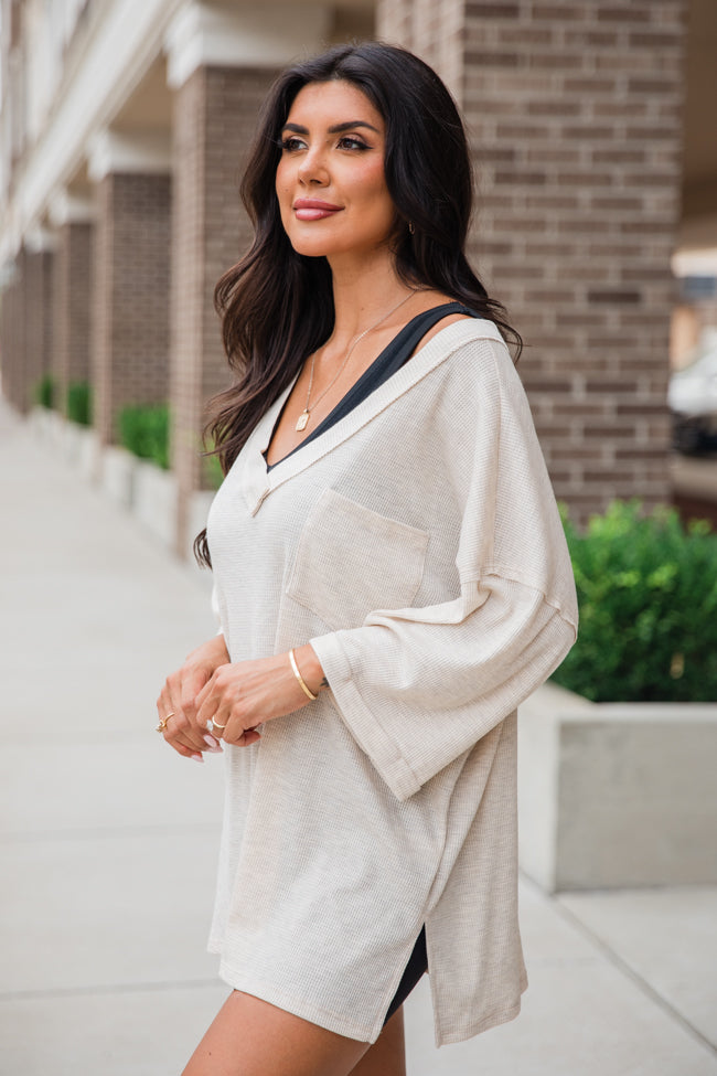 It's Our Time Oatmeal Oversized Pocketed Waffle Tee - Soft & Comfortable Women's T-Shirt - Casual Loungewear for Everyday Wear