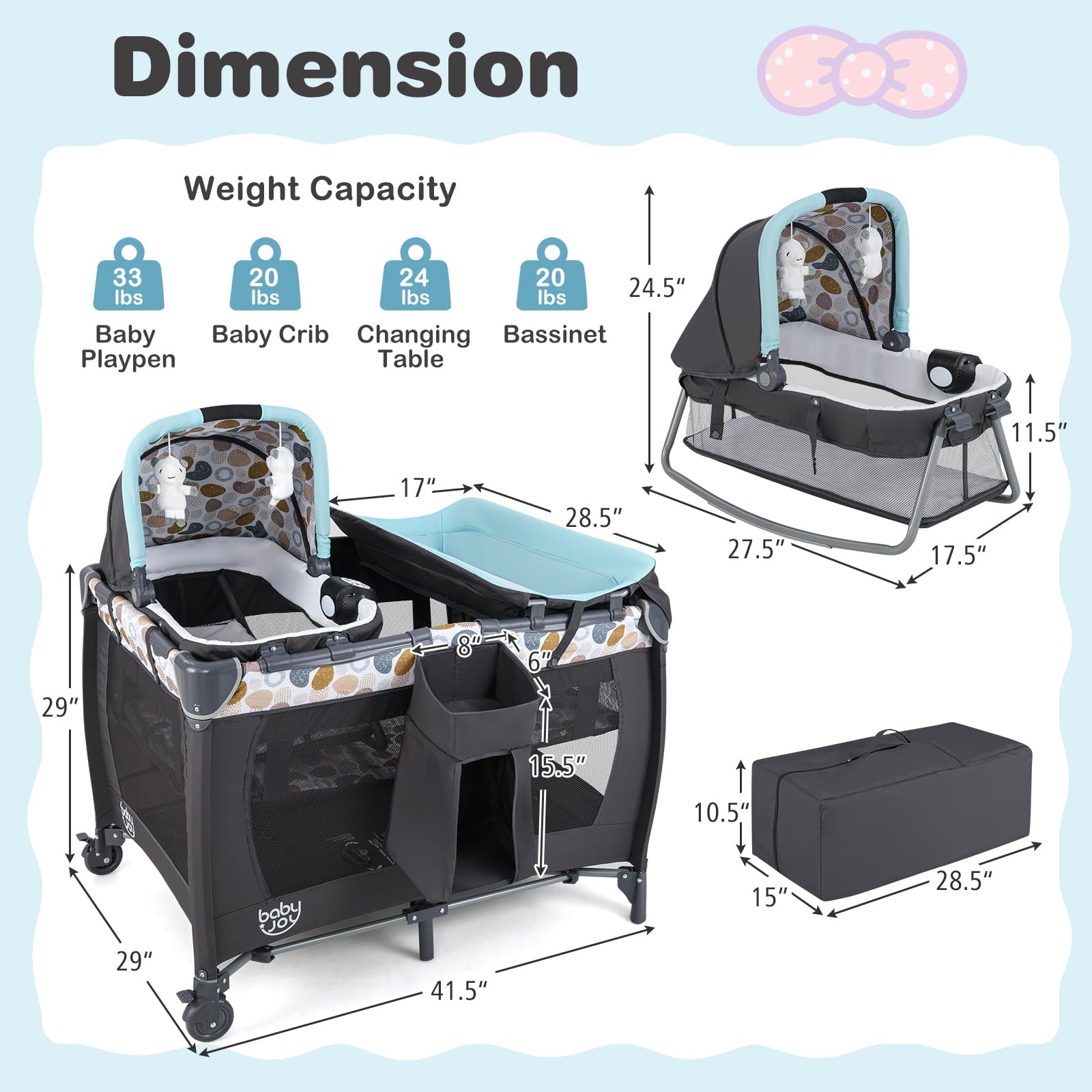BABY JOY 5-in-1 Portable Playard with Bassinet, Changing Table & Toy Bar - Baby Nursery Center with Music, Storage Bag & Detachable Toys (Blue Dot Circle) - Perfect for Travel, Daycare & Home Use