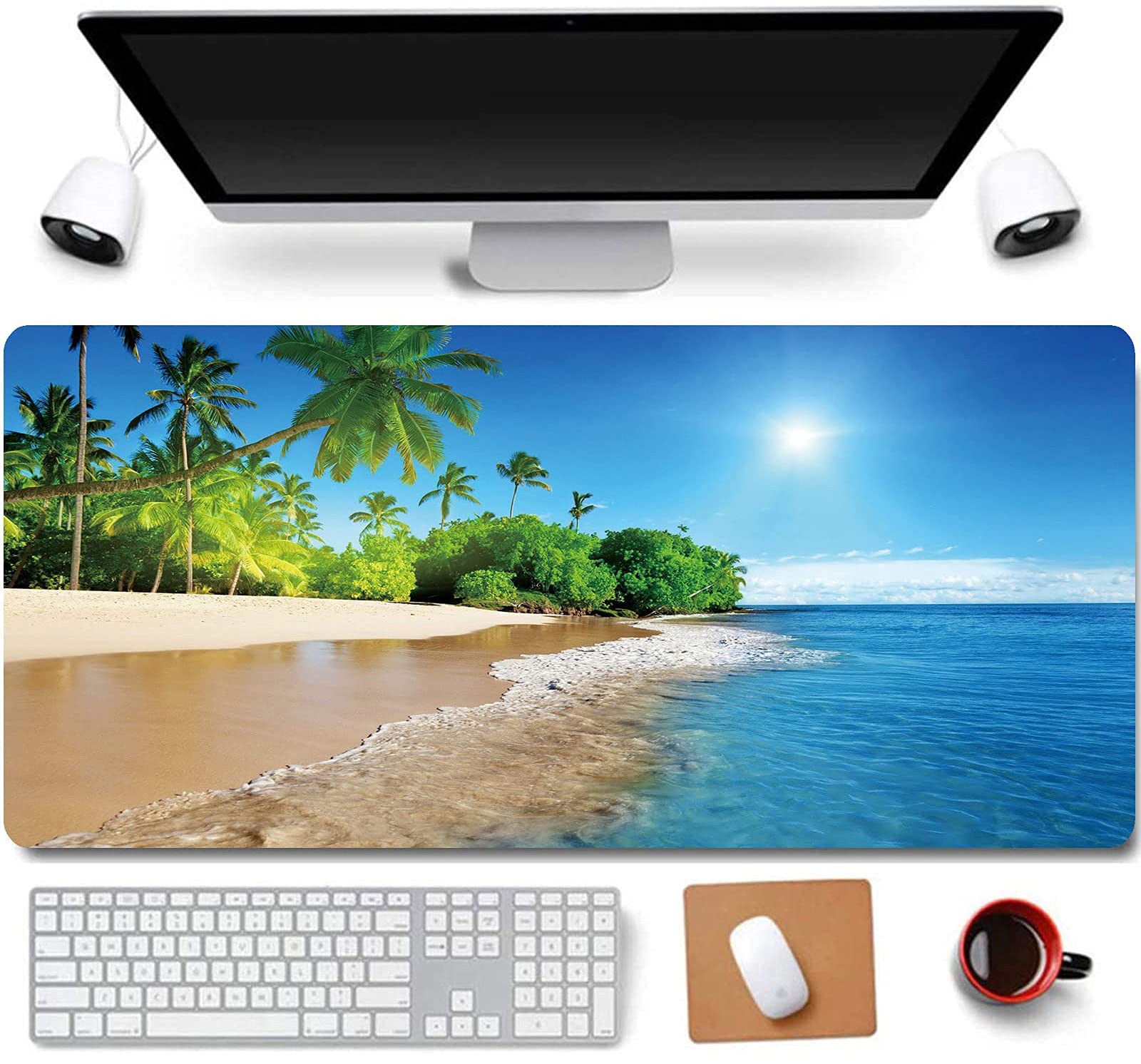 RTGGSEL 31.5x11.8 Inch Extra Large Non-Slip Gaming Mouse Pad with Stitched Edges - Waterproof Keyboard Mouse Mat for PC, Laptop, Office & Gaming (Beach View Design) - Perfect for Work, Gaming & Home Office Setup