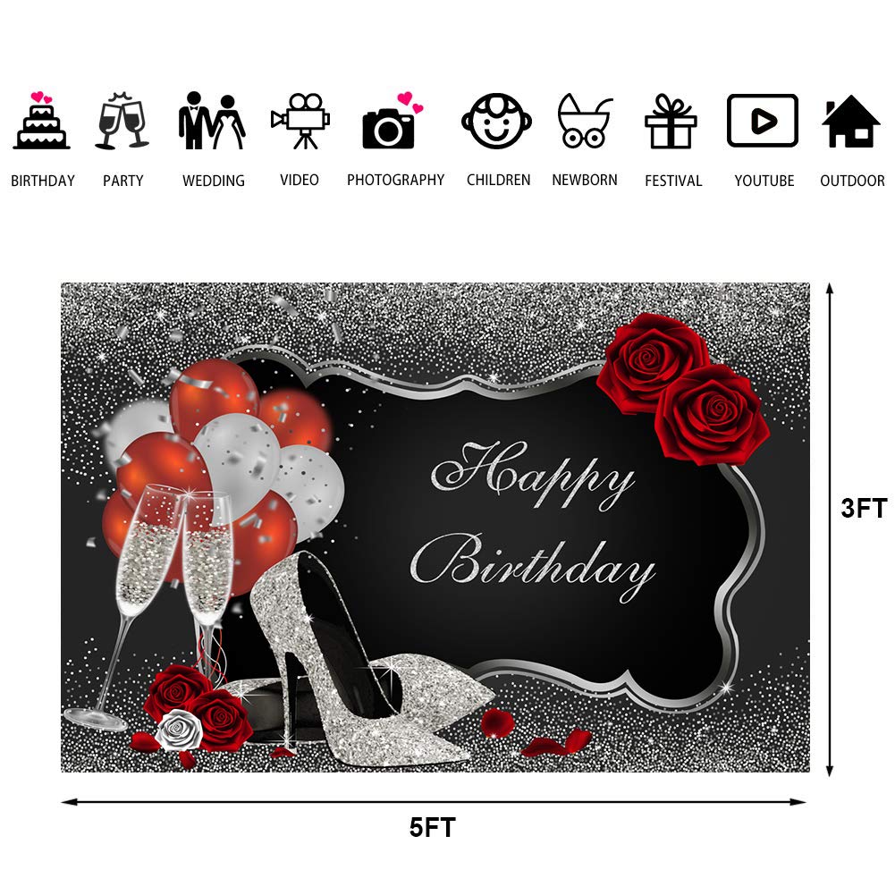 Silver & Black Glitter Sequin Photography Backdrop - Happy Birthday Party Decor with High Heels, Champagne Glasses & Rose Balloons - 5x3ft Photo Booth Background for Women's Adult Parties, Milestone Celebrations & Birthday Photo Shoots