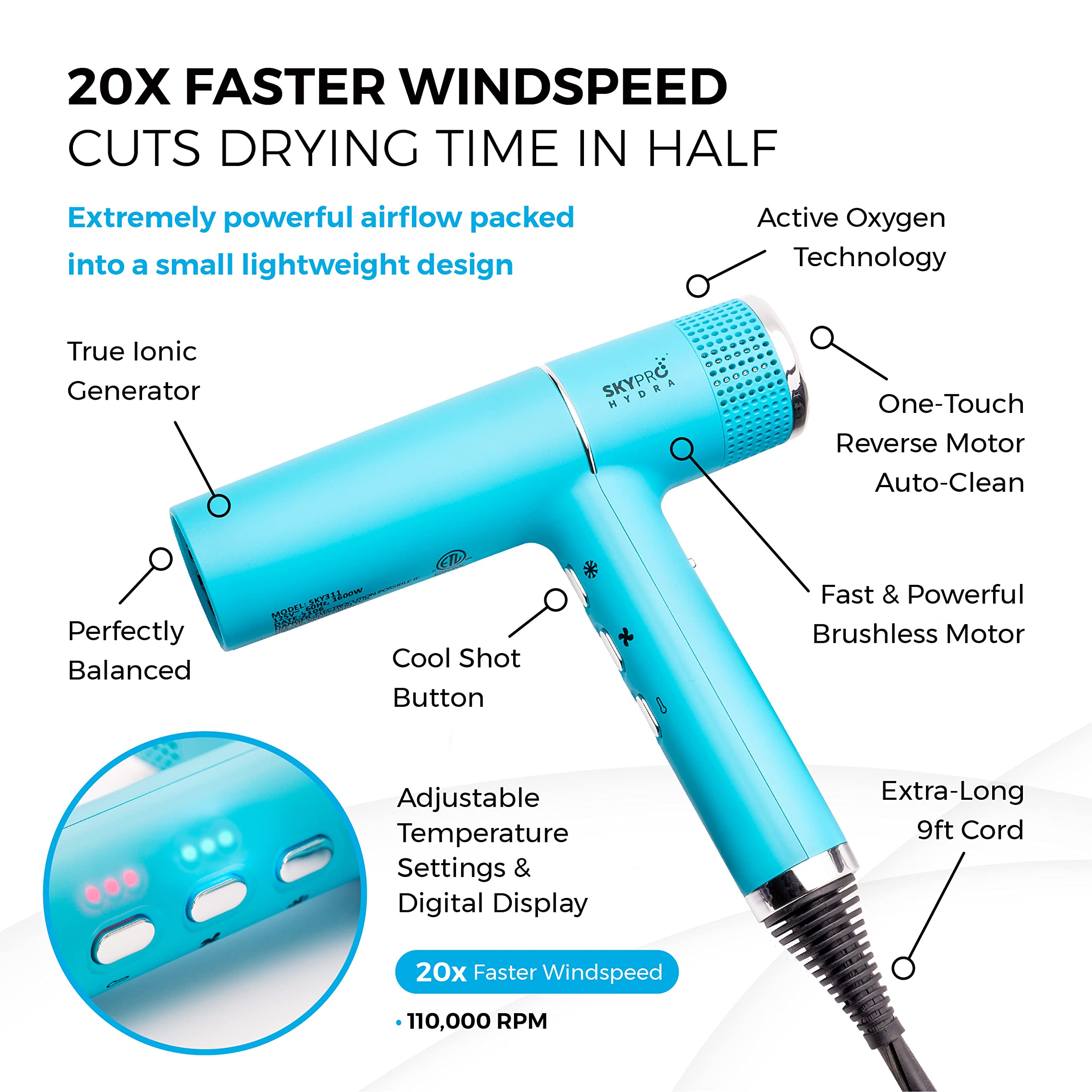 SKYPRO Mini Hair Dryer with Diffuser for Curly Hair - Ultra Fast Drying & Quiet Blow Dryer | Professional Salon-Grade 20X Faster Brushless Motor | Compact Travel Hair Dryer with Auto-Clean | Perfect for Home, Travel & Salon Styling