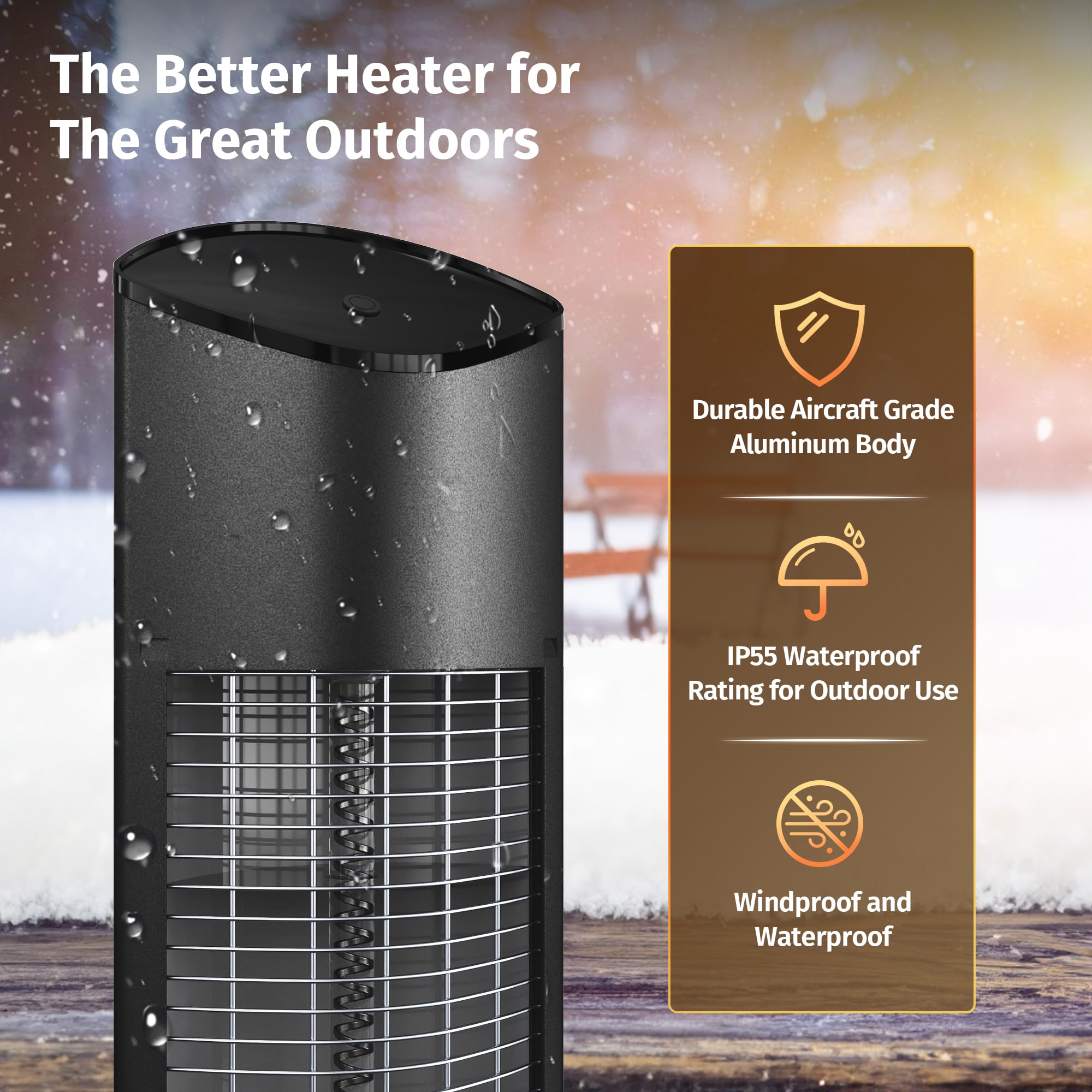 EAST OAK 1500W Electric Patio Heater - Indoor/Outdoor Portable Space Heater with IP55 Waterproof, Tip-Over & Overheat Protection, 2 Heat Settings & 24H Timer - Perfect for Backyard, Deck, Garage, and Office Use (2024 Upgraded Model)