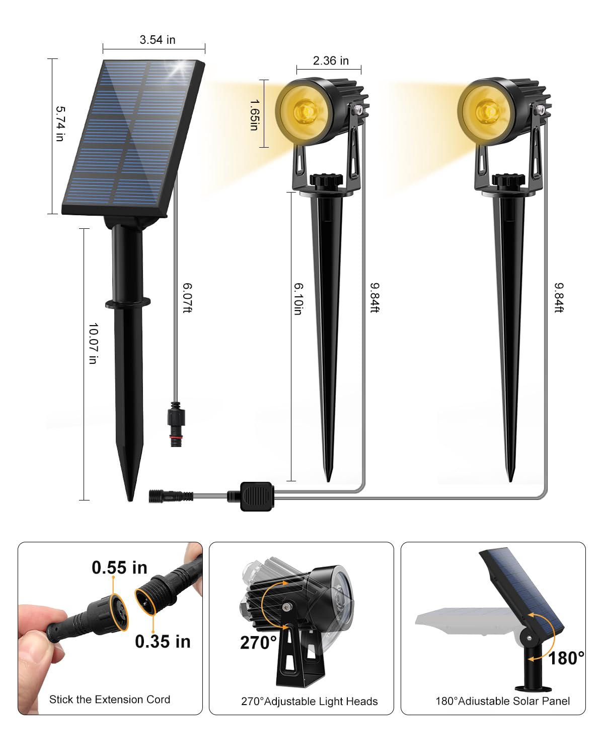 Solar Powered Outdoor LED Spot Lights - Waterproof Landscape Lighting for Trees, Flags, Plants, Statues, Houses, Yards, Gardens & Pathways | Separate Solar Panel with 15.7ft Cable | Warm White Light (2-in-1) - Perfect for Garden Decoration, Patio Lighting & Home Security