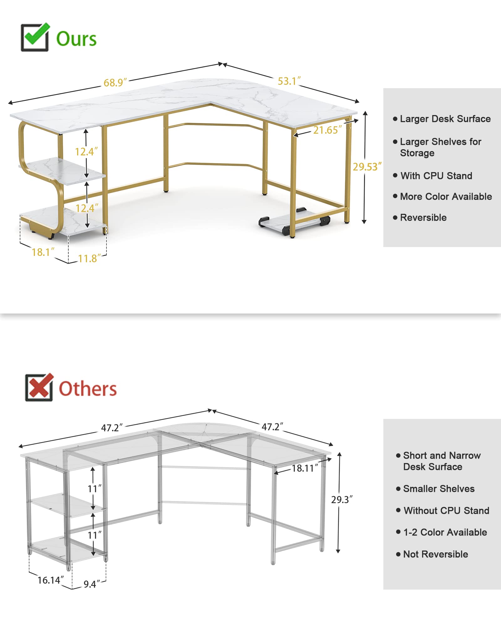 Teraves 69 Inch Reversible L-Shaped Desk with Large Surface & Storage Shelves - Sturdy Corner Computer Desk for Home Office, Gaming & Workstation | Perfect for Small Spaces & Multi-Monitor Setups