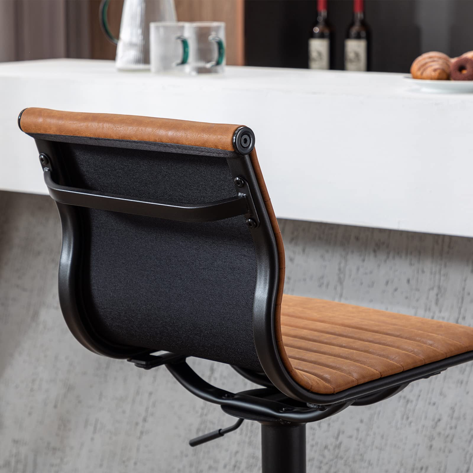 Modern Adjustable Height Metal Bar Stools Set of 2 - Brown PU Leather Armless Counter Stools with Black Base for Kitchen Island, Bar & Dining Room | Perfect for Breakfast Nook, Home Bar & Entertainment Areas