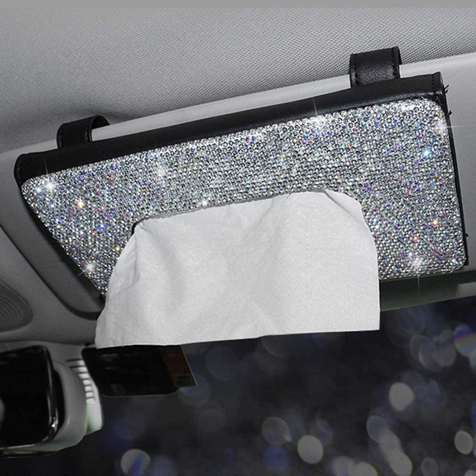 Sparkling Crystal Car Visor Tissue Holder - Black Leather Paper Towel Cover with Rhinestones for Women | Car Accessories & Gift for Her | Perfect for Travel, Commute & Road Trips