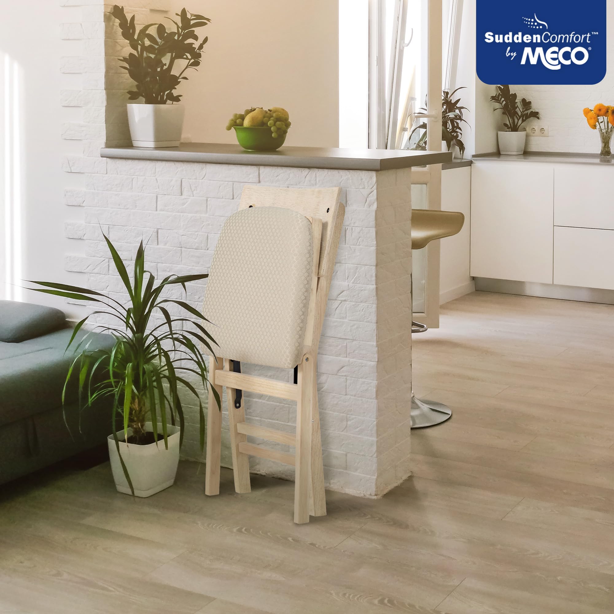 Premium Solid Wood Folding Dining Chair Set of 2 - MECO Stakmore Aztec Curved Back with Fabric Padded Seat - Perfect for Small Spaces, Kitchen, Dining Room & Home Office - Unfinished Wood Finish