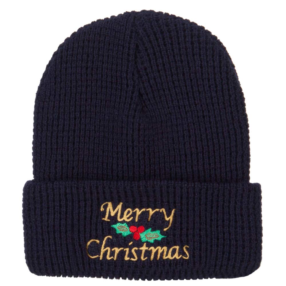 Merry Christmas Mistletoe Embroidered Stretchy Waffle Cuff Beanie Hat - Cozy Winter Knit Cap for Holiday Parties & Outdoor Activities - e4Hats.com