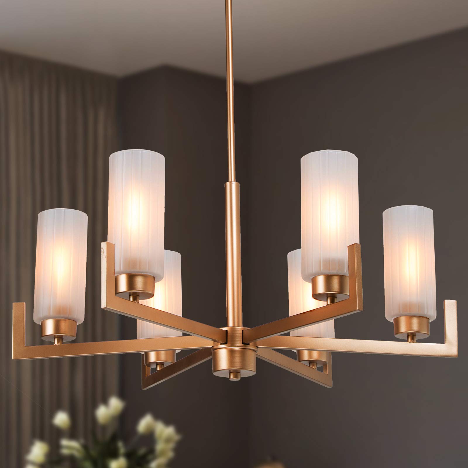 6-Light Gold Chandelier with White Frosted Glass Shades - Modern Crystal Ceiling Light Fixture for Dining Room, Living Room, Kitchen & Bedroom - Perfect for Home Decor, Wedding & Restaurant Lighting