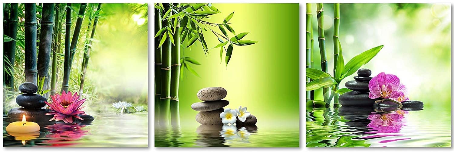 TutuBeer 3-Panel Zen Art Canvas Prints - Green Bamboo with Pink Water Lily & Frangipani Spa Wall Decor - Ready to Hang Asian-Inspired Bathroom & Home Decor for Relaxation & Meditation Spaces