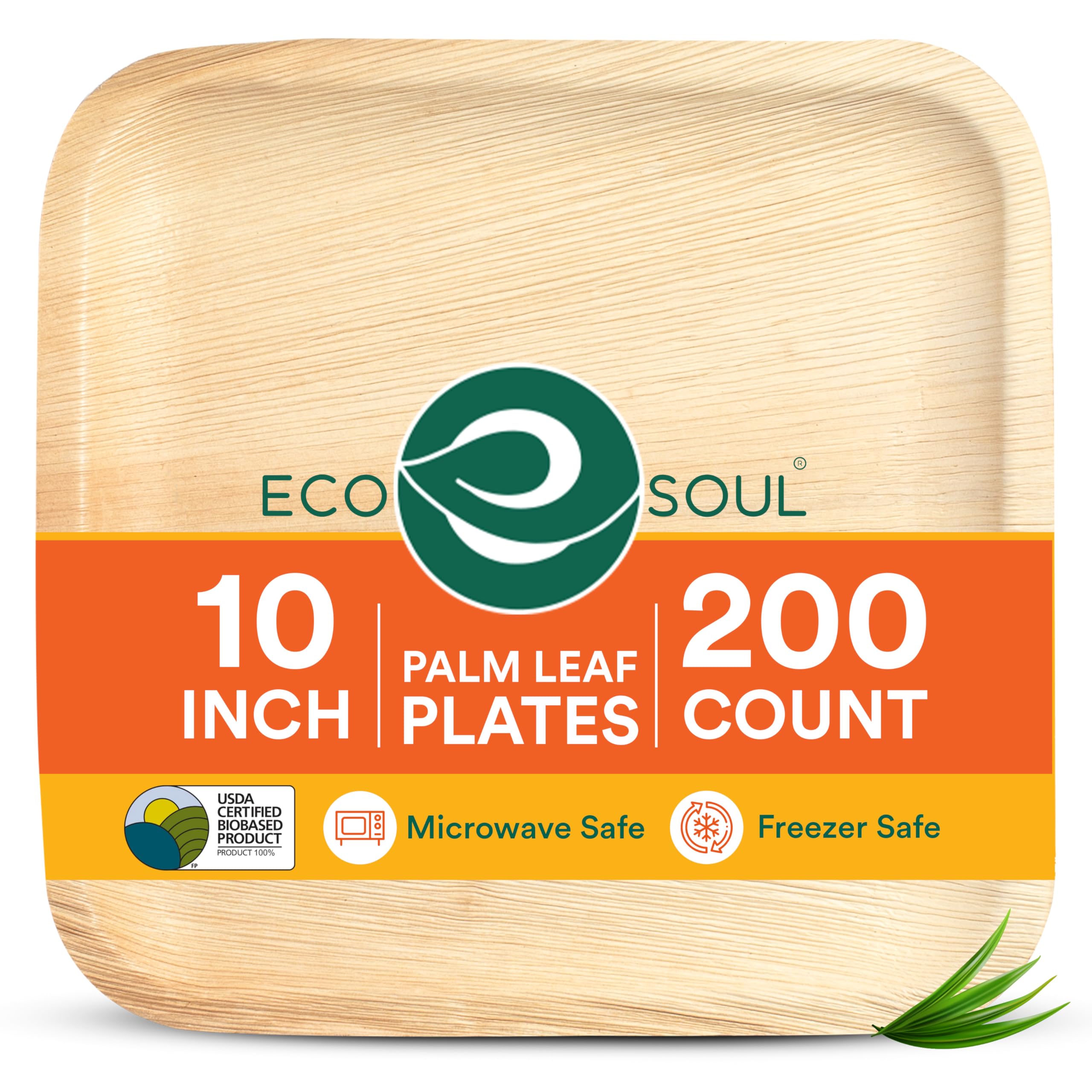 ECO SOUL 10 Inch Compostable Square Palm Leaf Plates (200 Count) - Biodegradable, Eco-Friendly, Microwave & Oven Safe - Perfect for Parties, Picnics & Sustainable Dining