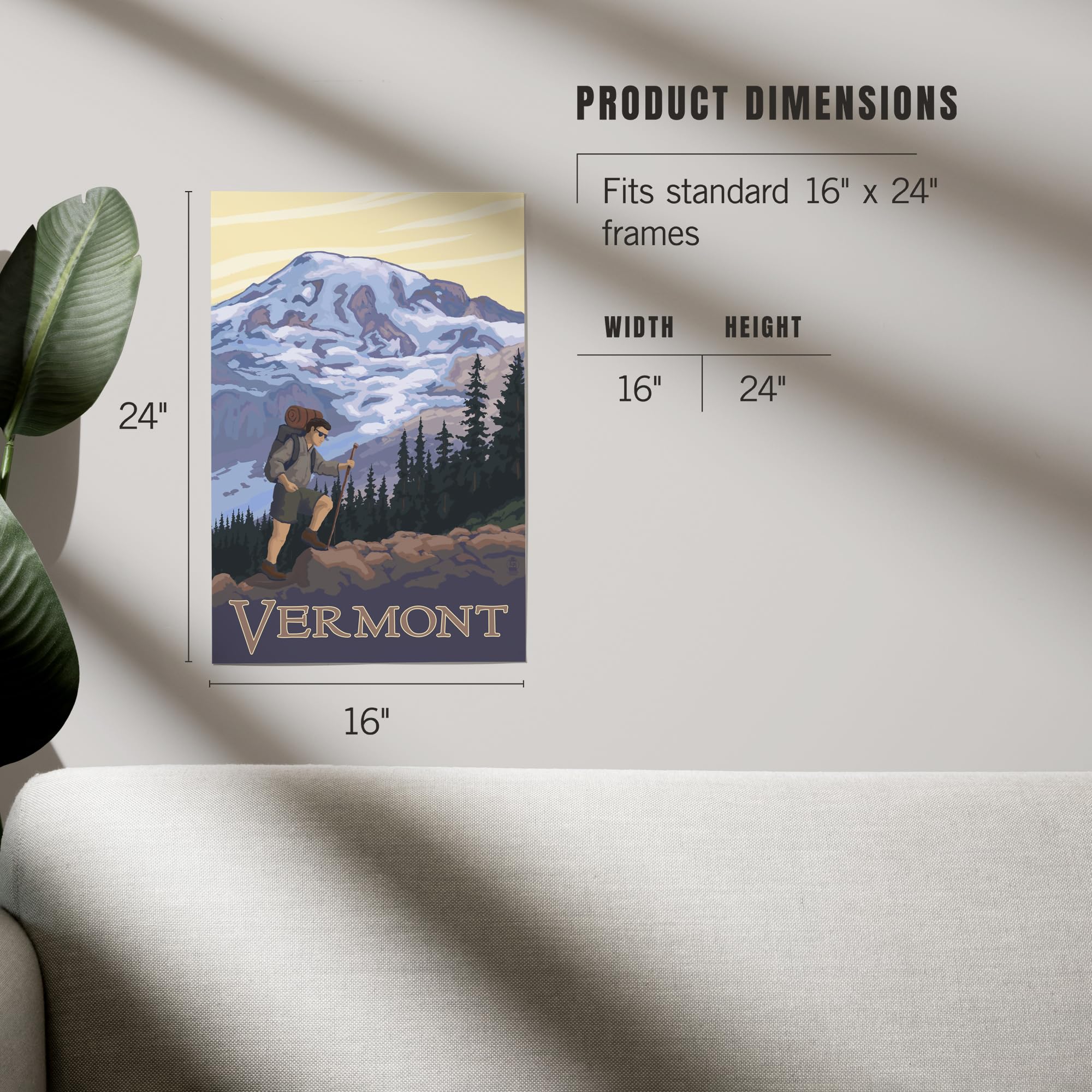 Lantern Press 16x24 Inch Giclee Art Print - Vermont Mountain Hiker Landscape Wall Art - Perfect for Home Decor, Office & Cabin Wall Decor