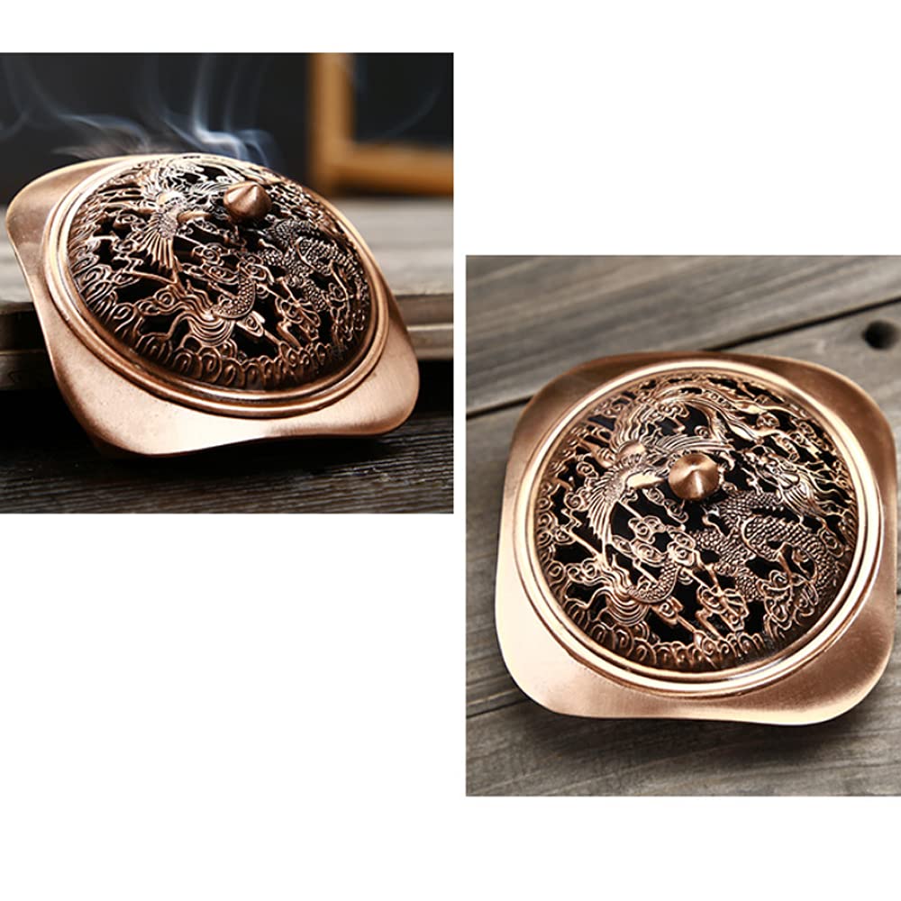 Antique Bronze Zinc Alloy Incense Burner Bowl - Square Cone Stick Coil Holder with Ash Catcher Tray - Buddhist Temple Home Decor for Meditation, Yoga & Aromatherapy (Red Copper)