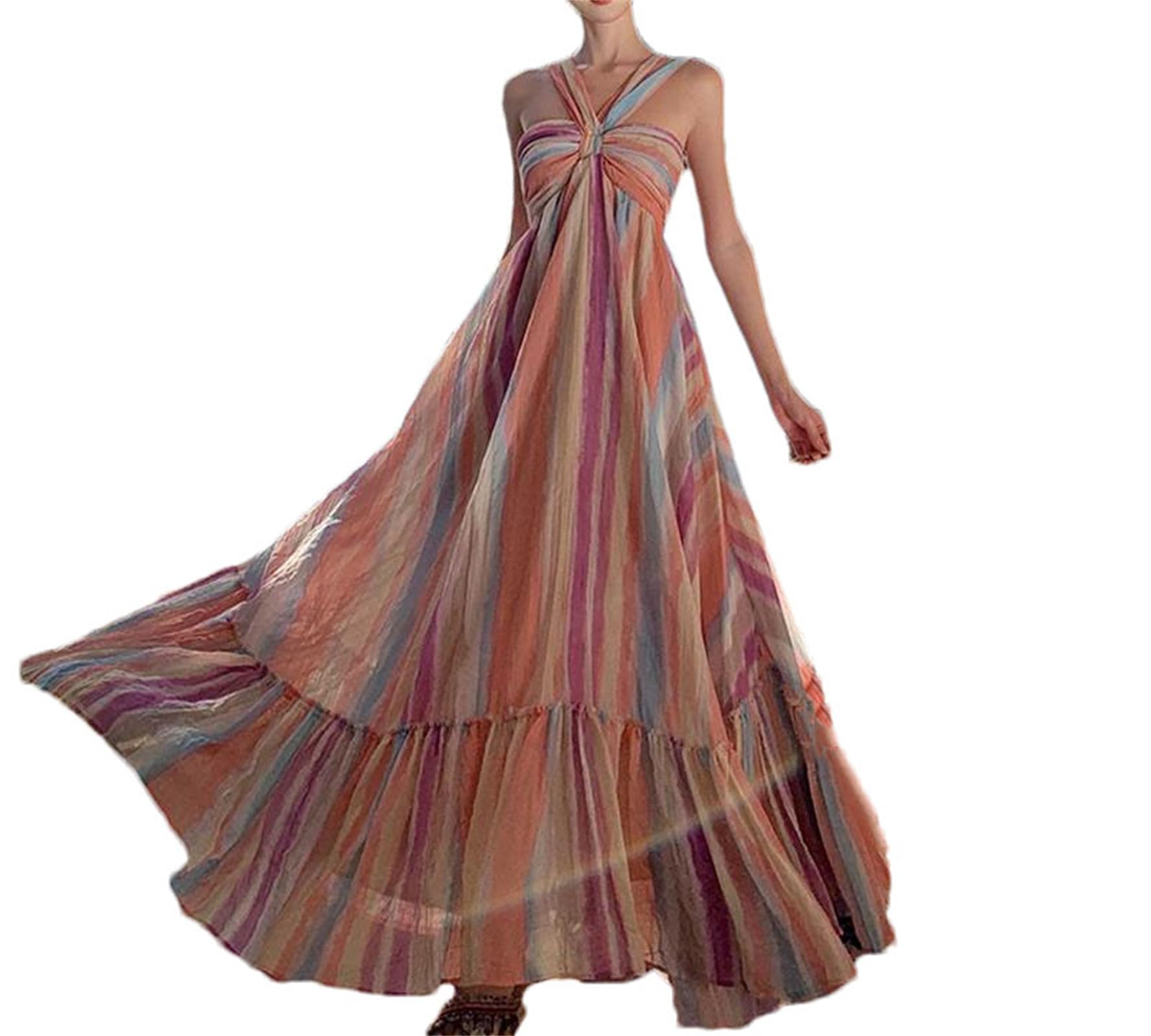 Women's V-Neck Contrast A-Line Summer Flowing Dress - Chic Bohemian Sleeveless Sundress for Beach Vacation & Resort Wear