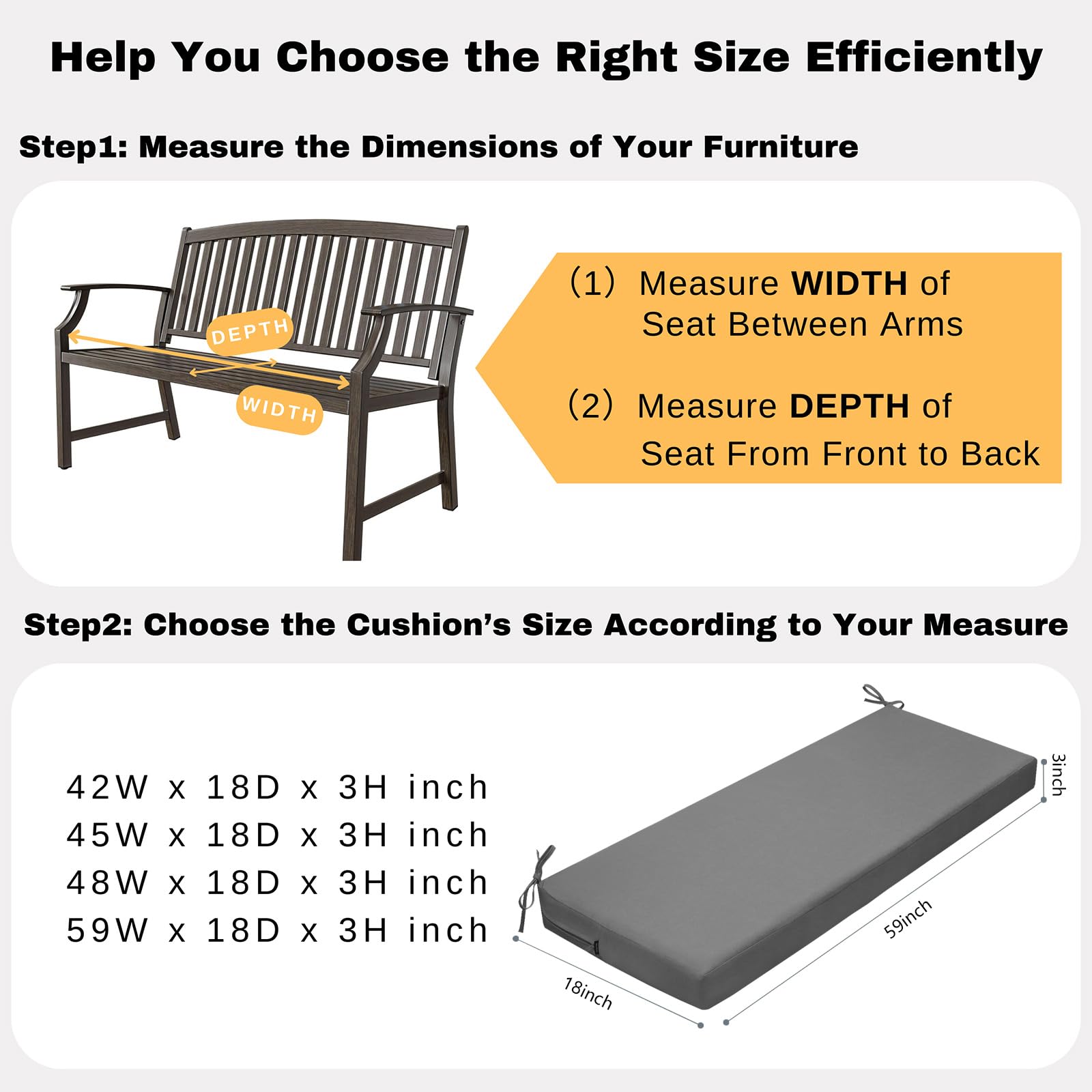 Waterproof Outdoor Bench Cushion 59x18 Inch - Replacement Seat Pad for Patio Furniture, Porch Swing & Garden Benches with Secure Ties - Dark Grey | Perfect for Backyard, Deck & Poolside Relaxation