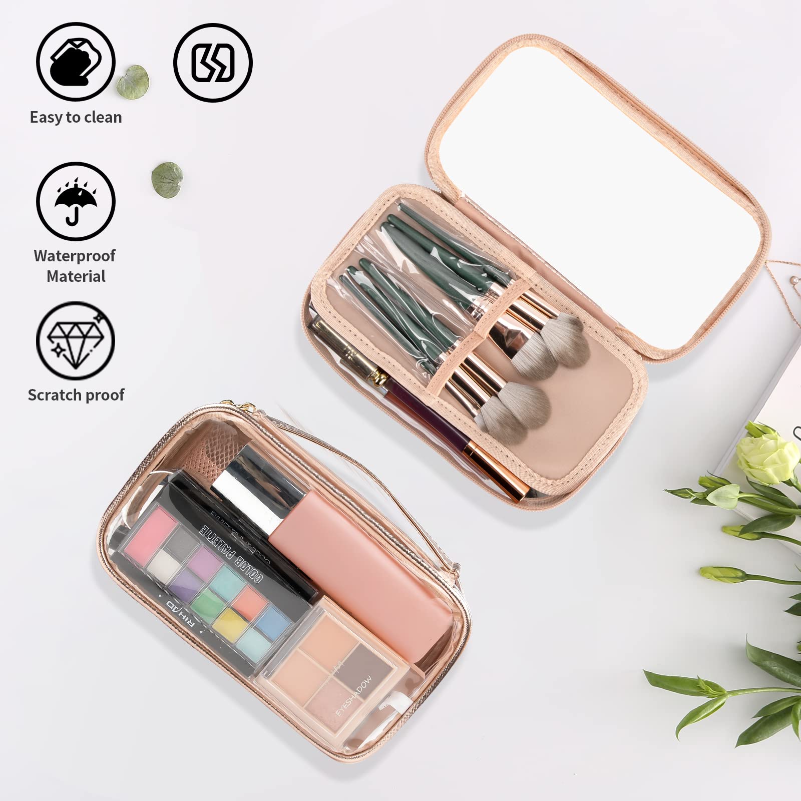 OCHEAL Clear Makeup Bag with Brush Compartment - Portable Travel Cosmetic Organizer for Women & Girls | Waterproof Makeup Pouch for Gym, Vacation & Daily Use (Rose Gold)